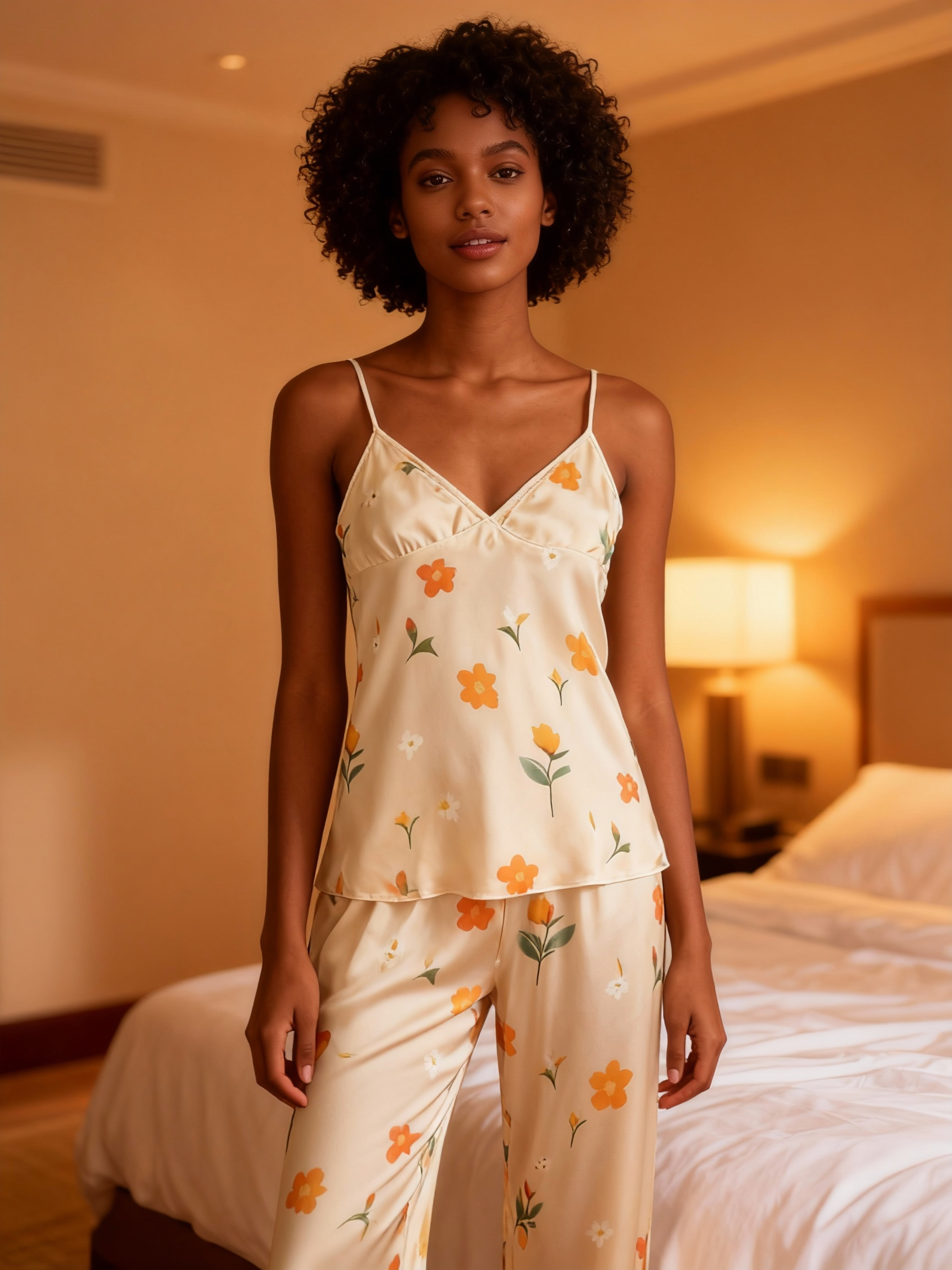 Women's Classic Satin Pajama Set with Soft Florals Motifs