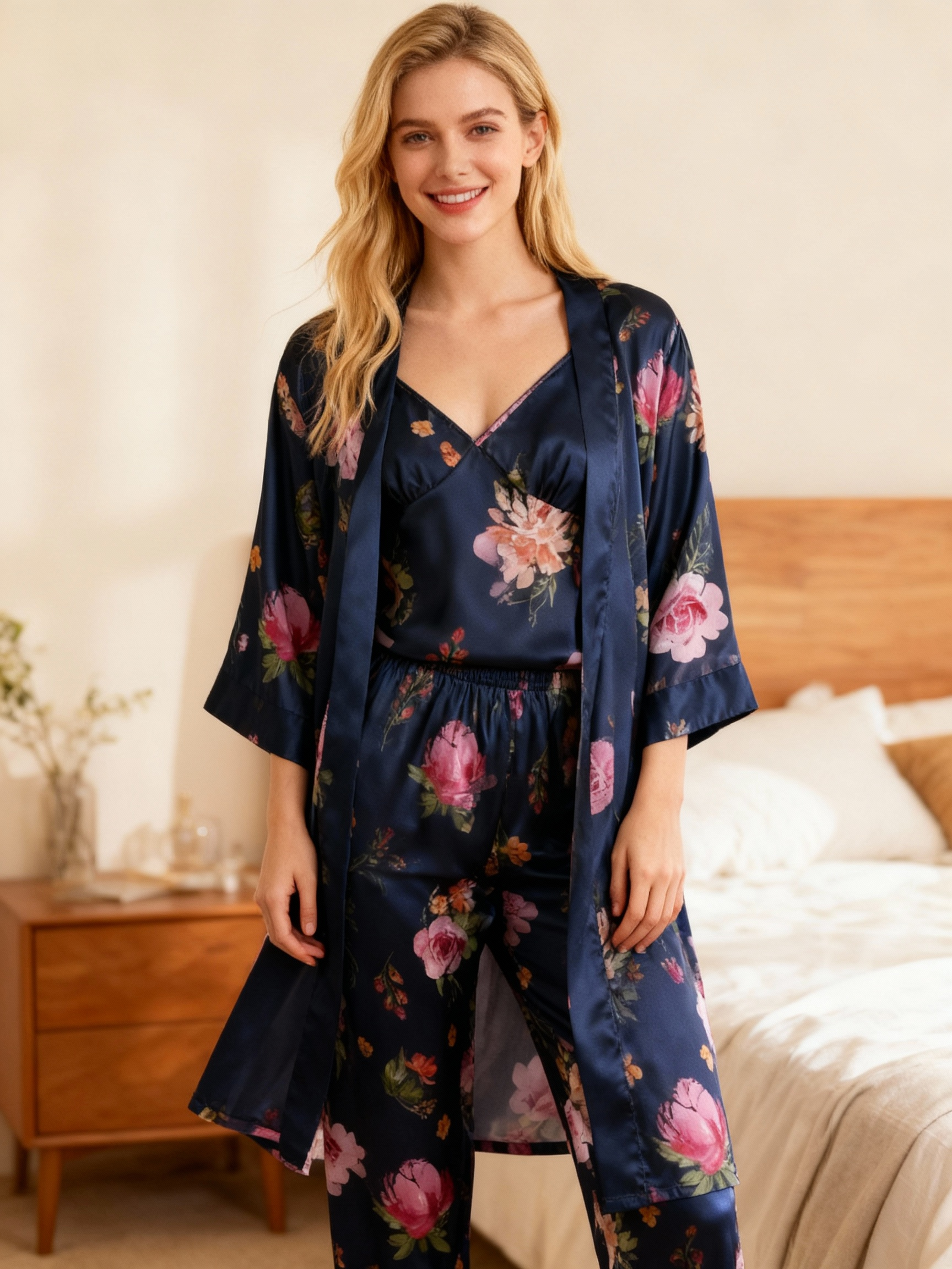 Women's Silky Satin Homewear Set with Vintage Luxe Floral Motifs