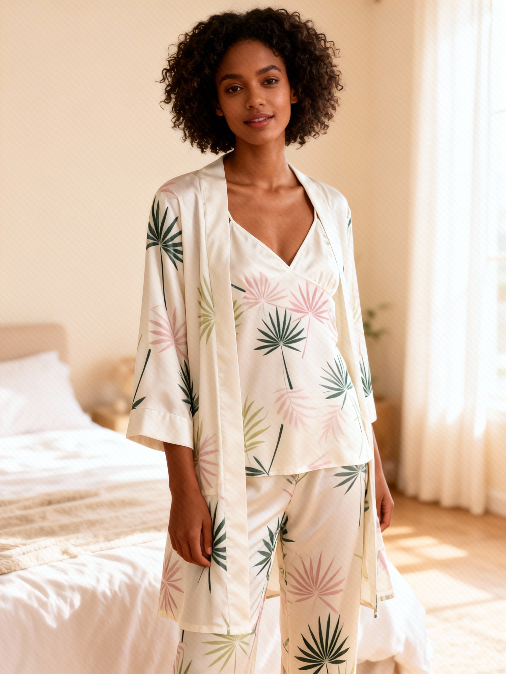 Feminine Satin Pajama Trio with Elegant Botanical Details