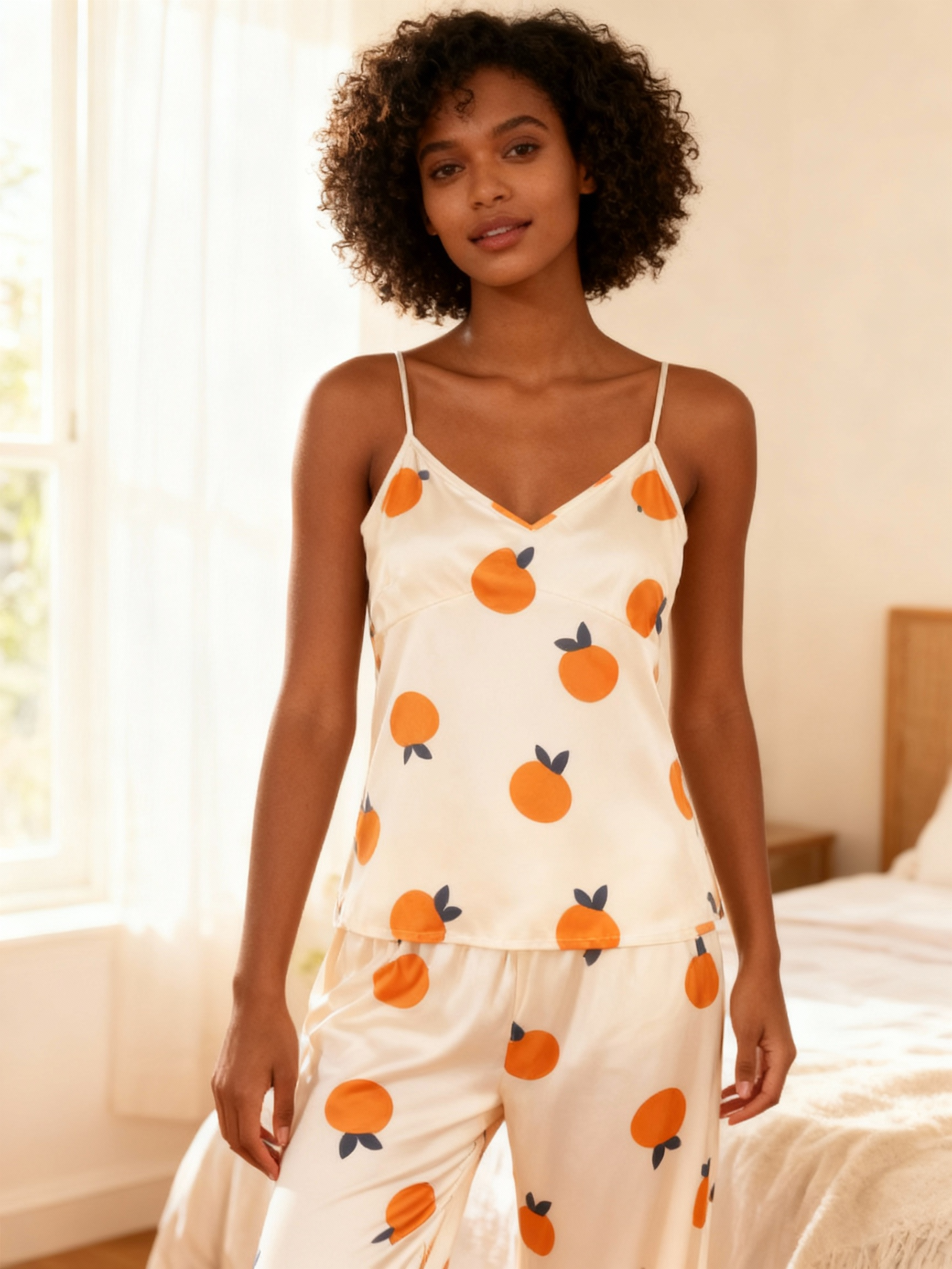 Feminine Satin Pajama Trio with Juicy Fruit Details