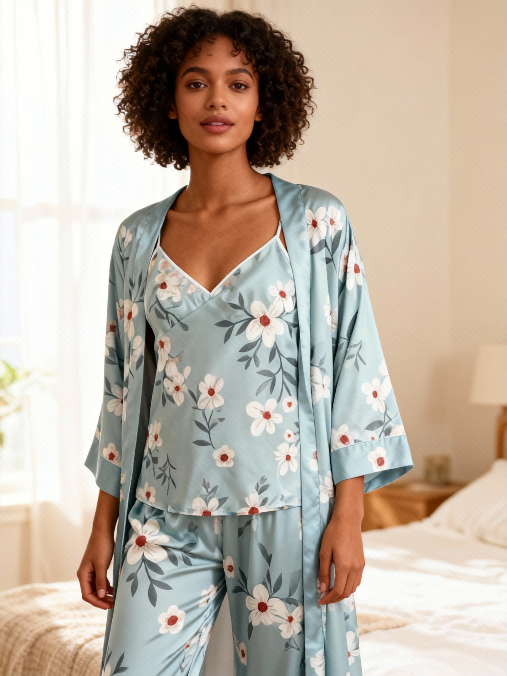 Satin 3-Piece Sleepwear Set with Greenery Design