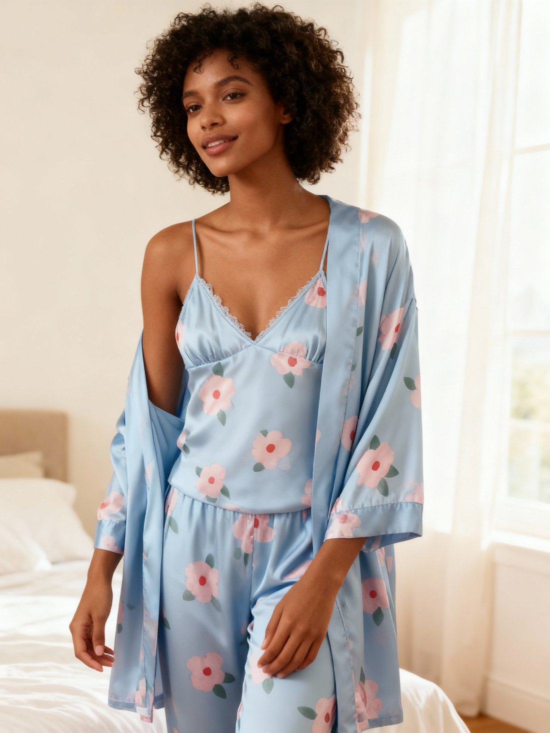 Blue Floral Print Feminine Satin Pajama Trio