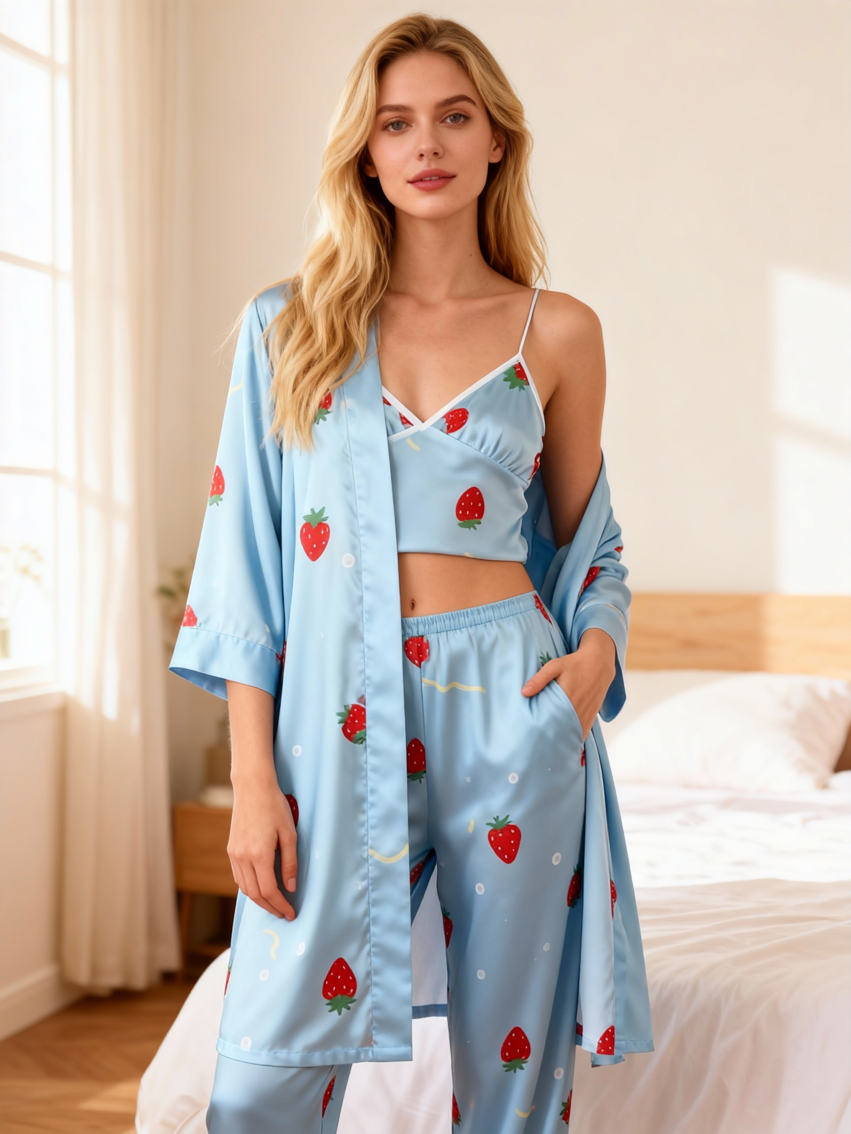 Premium Sky-Blue Satin Nightwear Trio With Sweet Strawberry Print