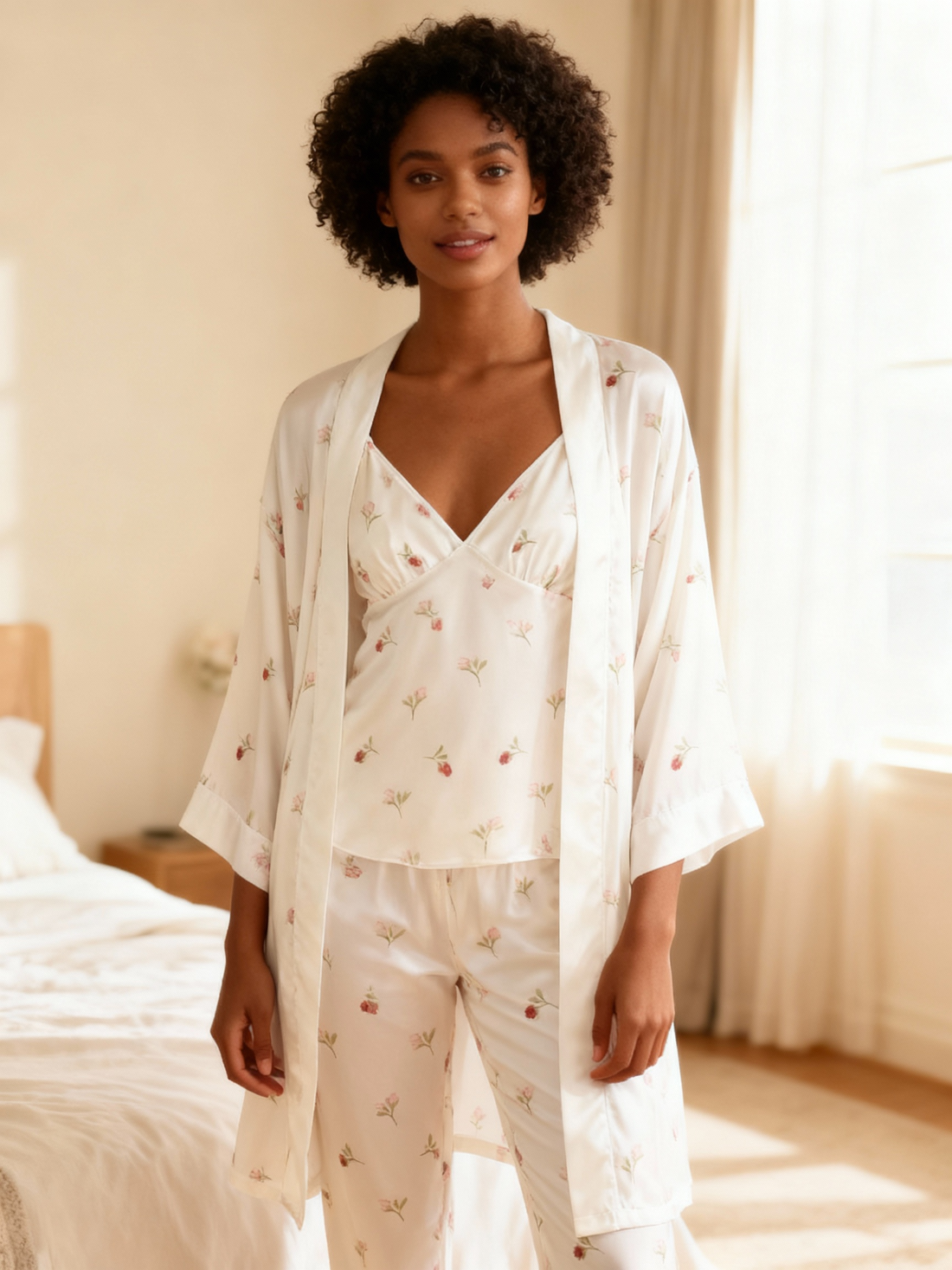 Chic 3-Piece Satin Nightwear Set Featuring Simple Rose Motifs