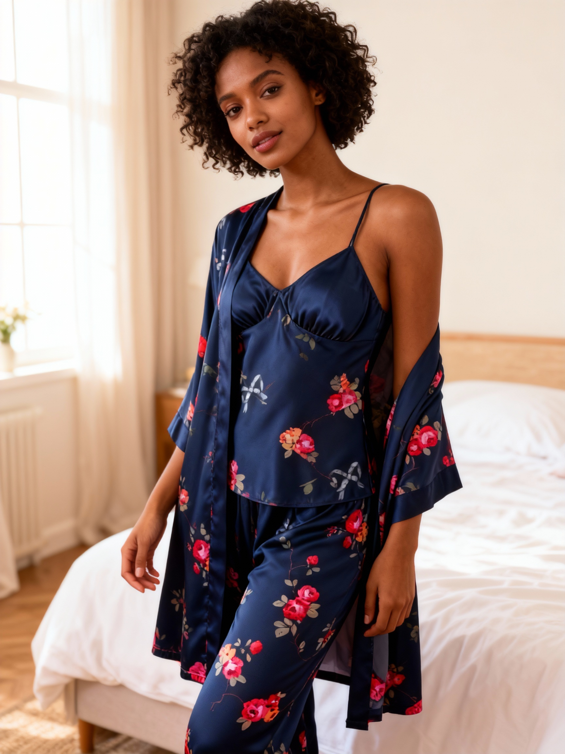 Chic 3-Piece Satin Nightwear Set Featuring Romantic Floral Motifs