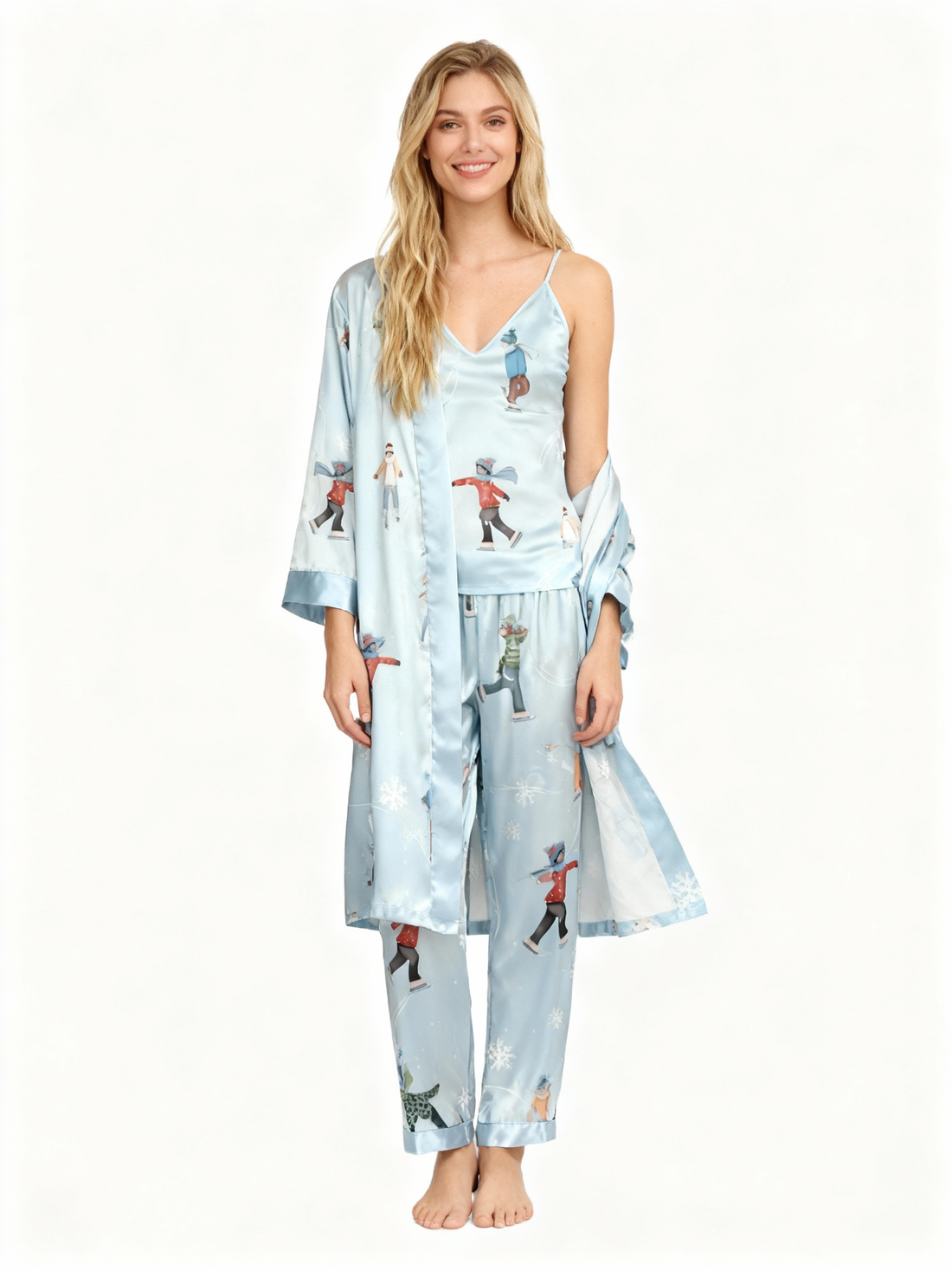 Women's Light Blue Silky Satin Homewear Set with Skiing Characters Illustration