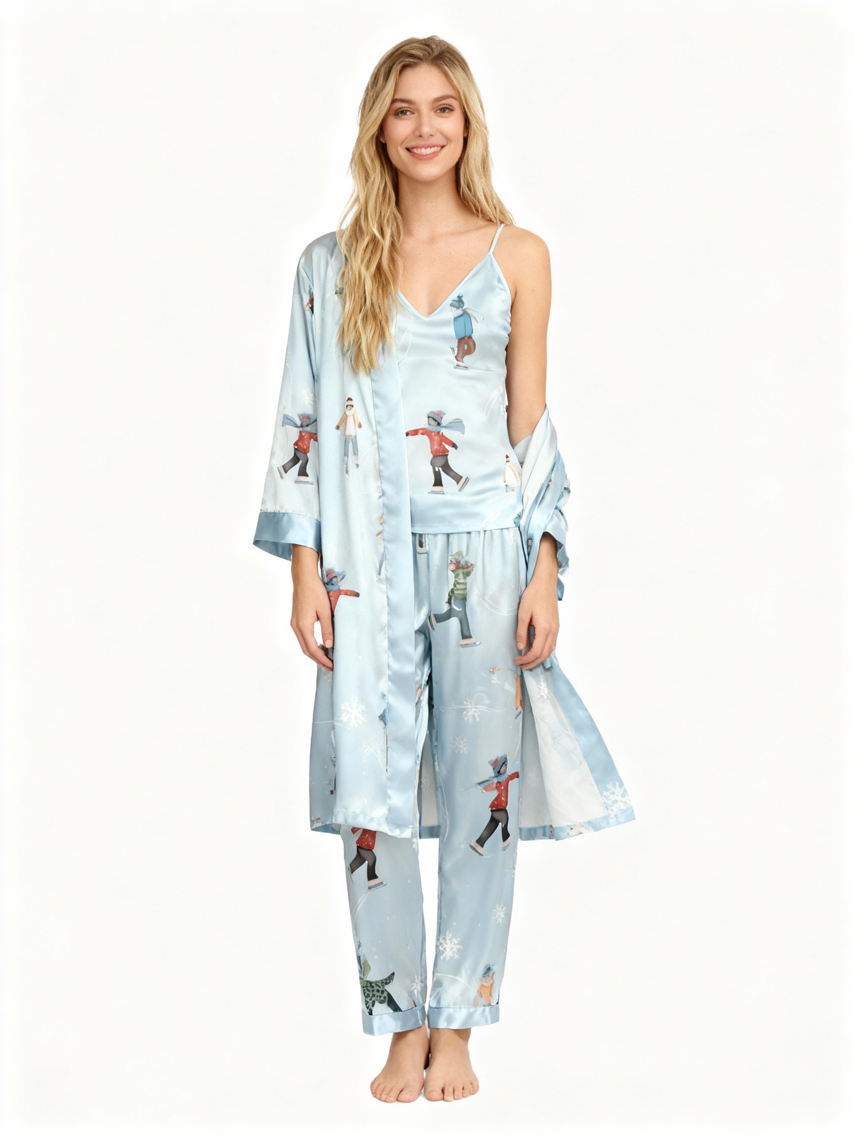Women's Light Blue Silky Satin Homewear Set with Skiing Characters Illustration