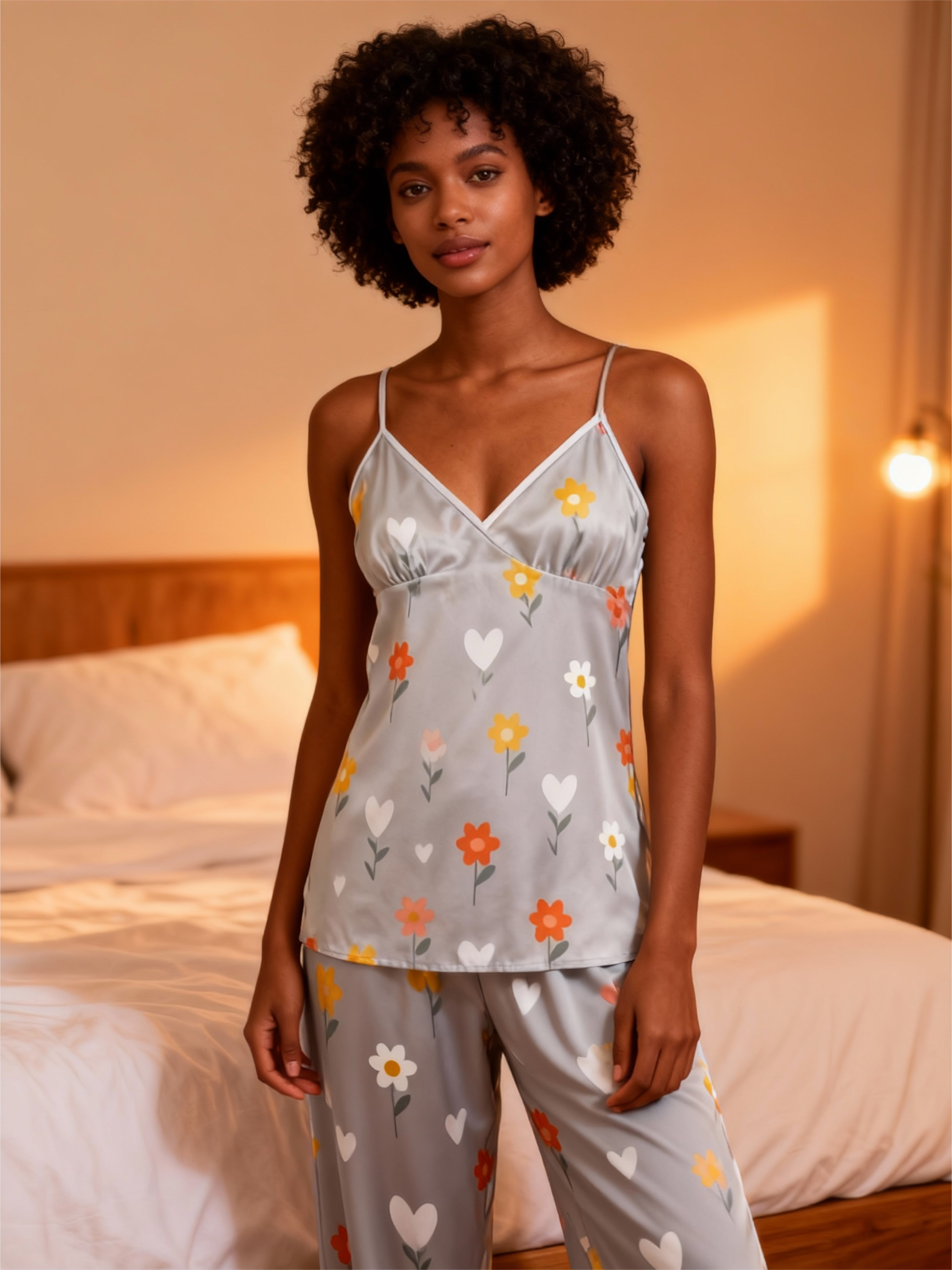 Colorful Floral Design Feminine Satin Pajama Trio