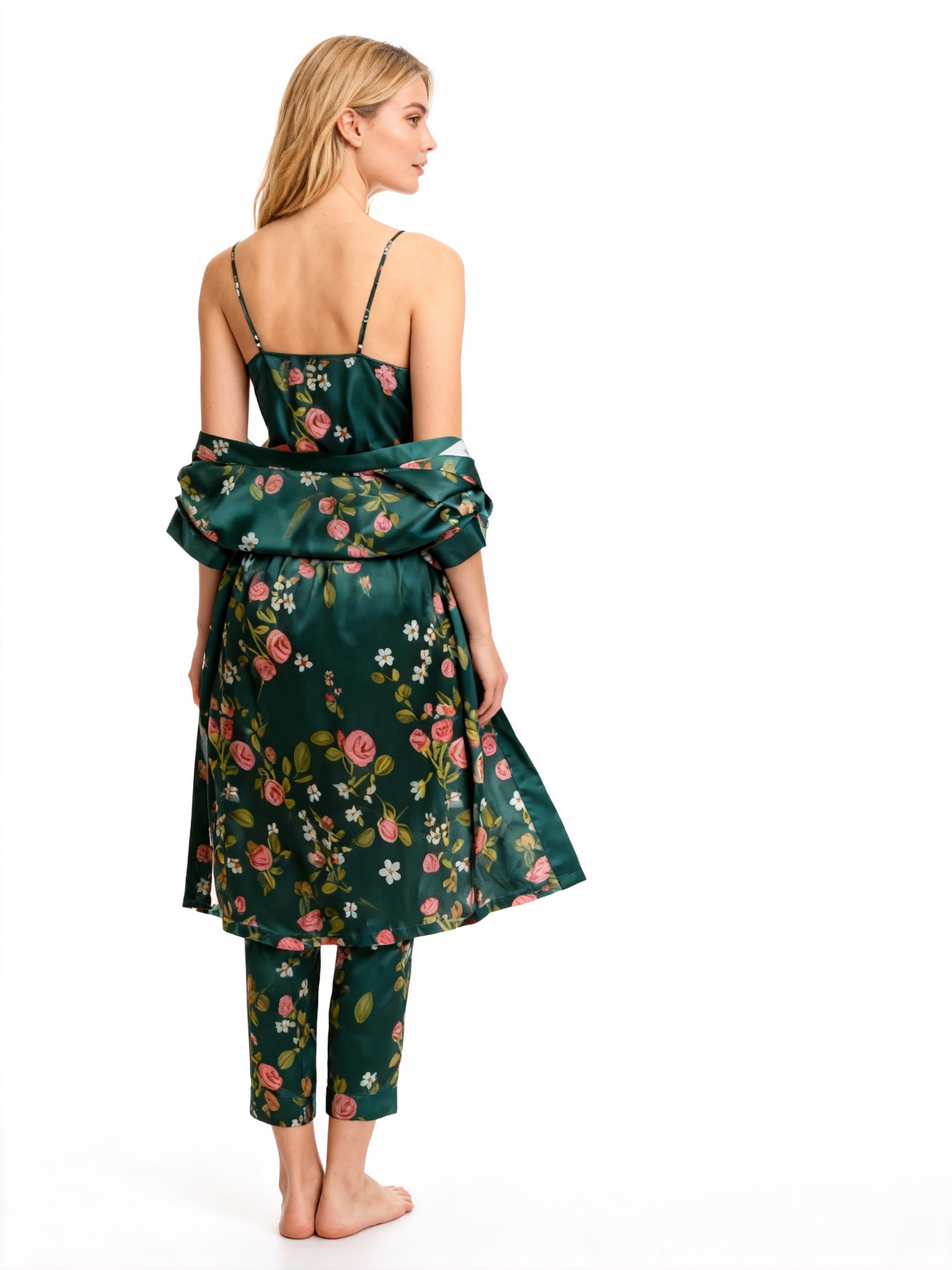 Silky Satin 3-Piece Nightwear Set in Elegant Green Style