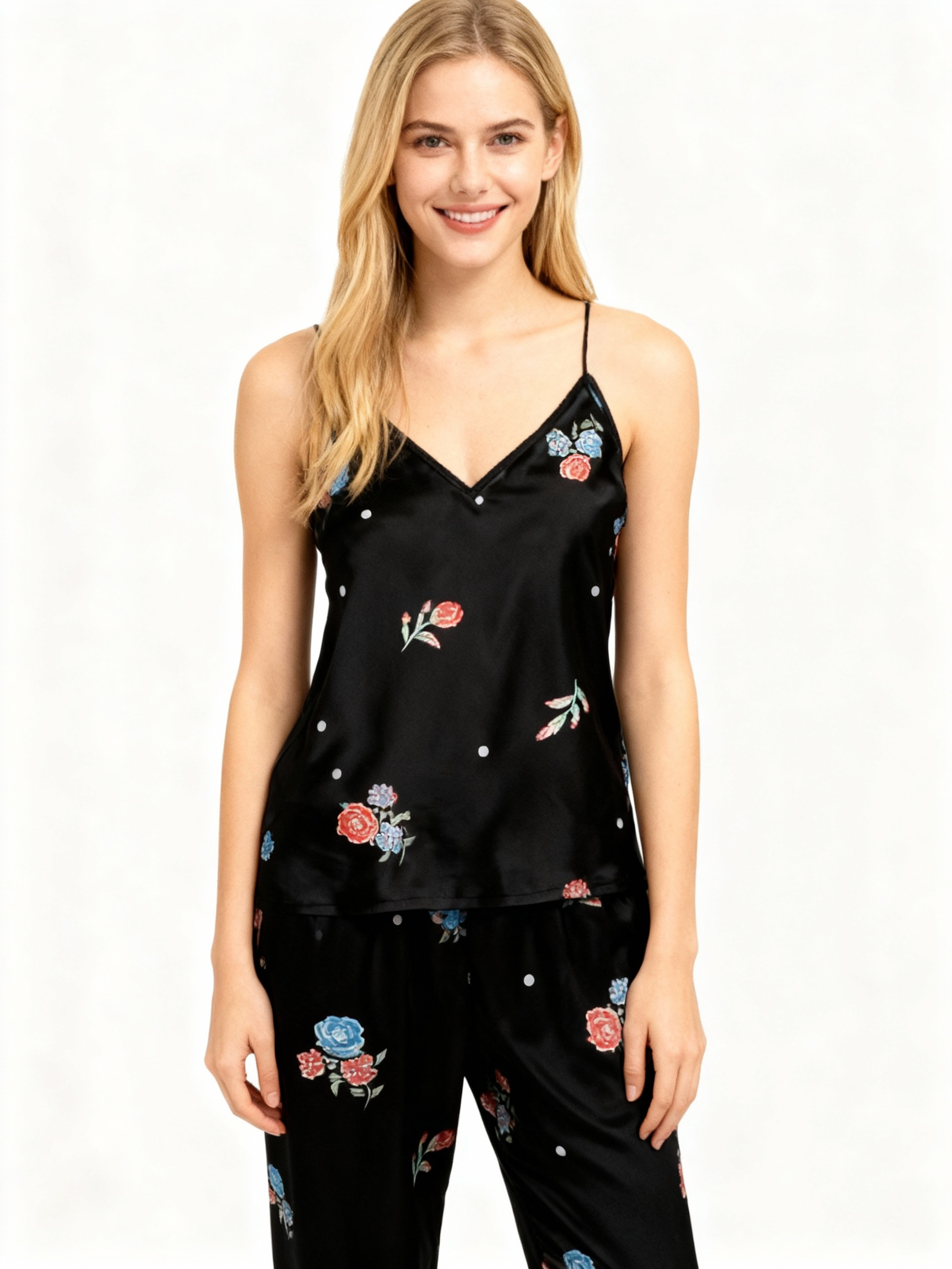 Women's Black Silky Satin Homewear Set with Romantic Floral Motifs