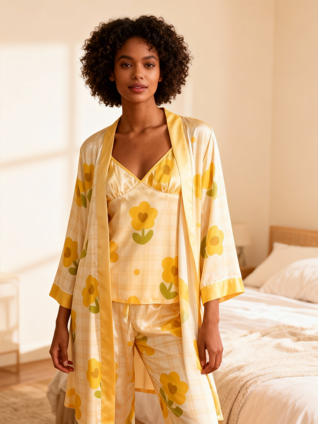 Feminine Satin Pajama Trio with Bright Floral Design