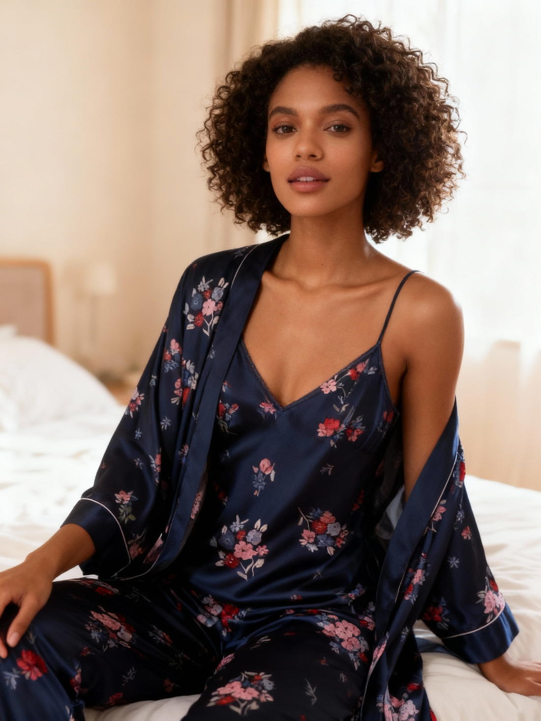Chic 3-Piece Satin Nightwear Set Featuring Delicate Floral Motifs