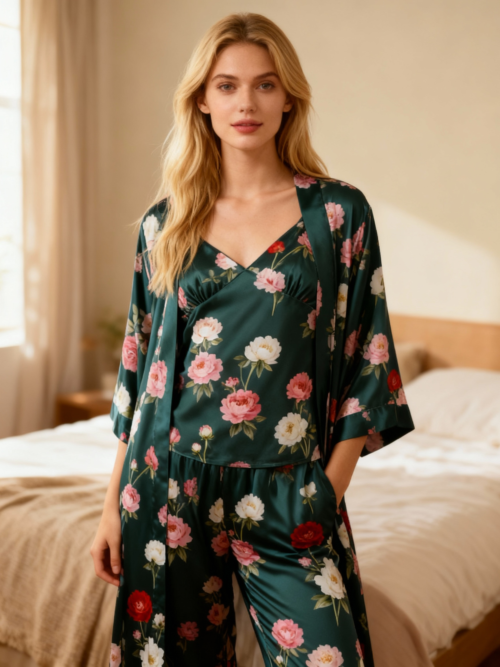 Premium Satin Nightwear Trio With Bold Blossoms