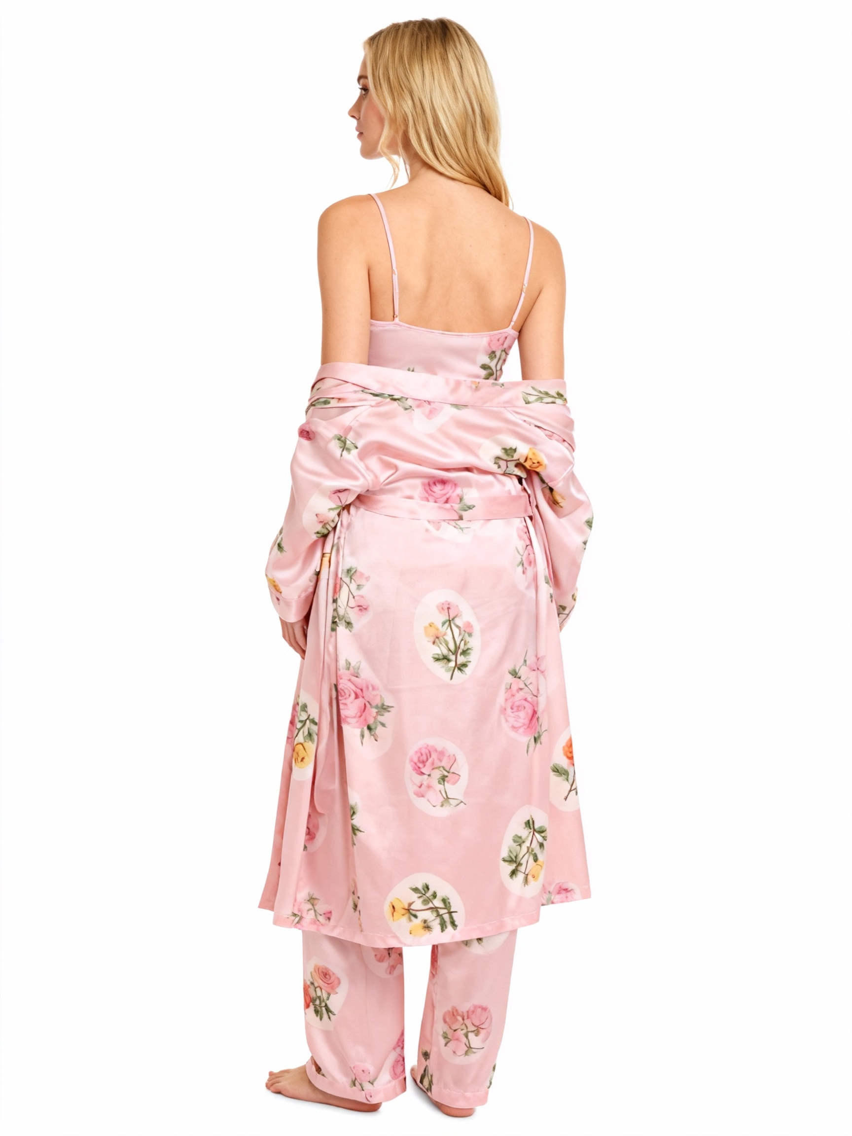 Women's Pink Silky Satin Homewear Set with Rose Illustration