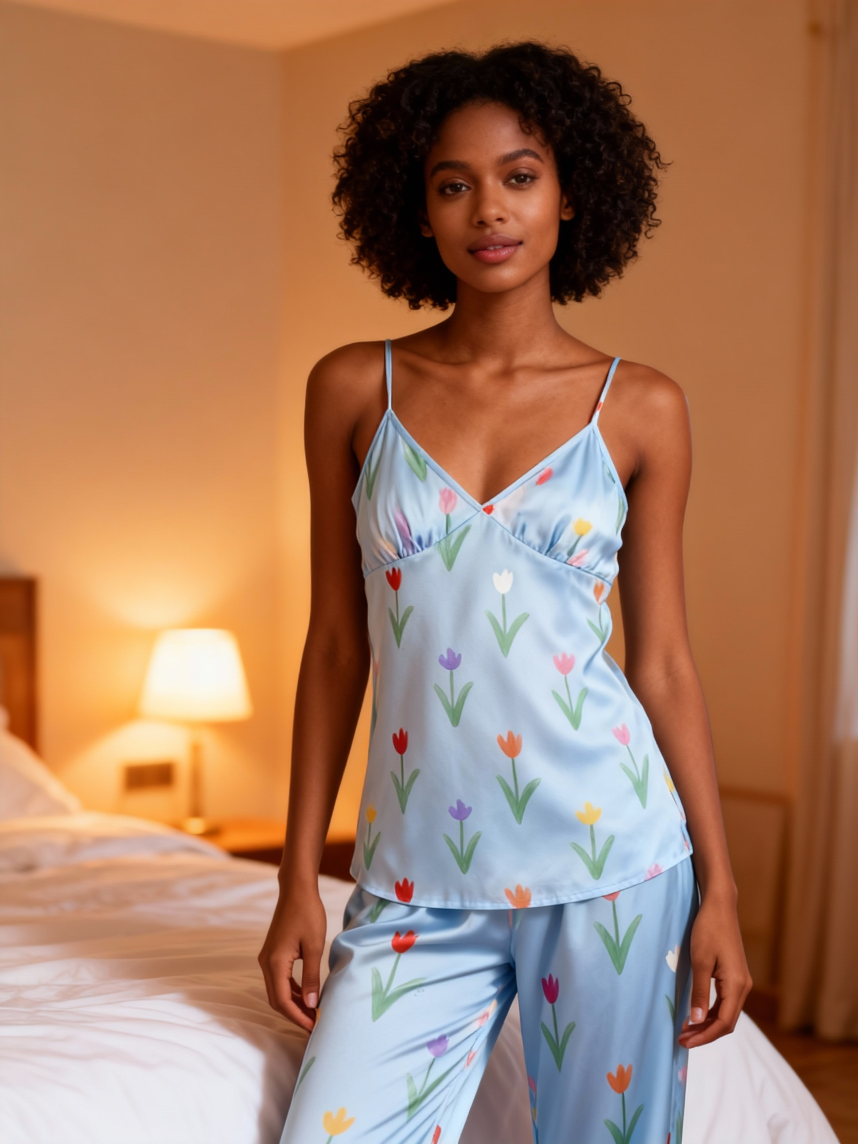 Soft Florals Design Feminine Satin Pajama Trio