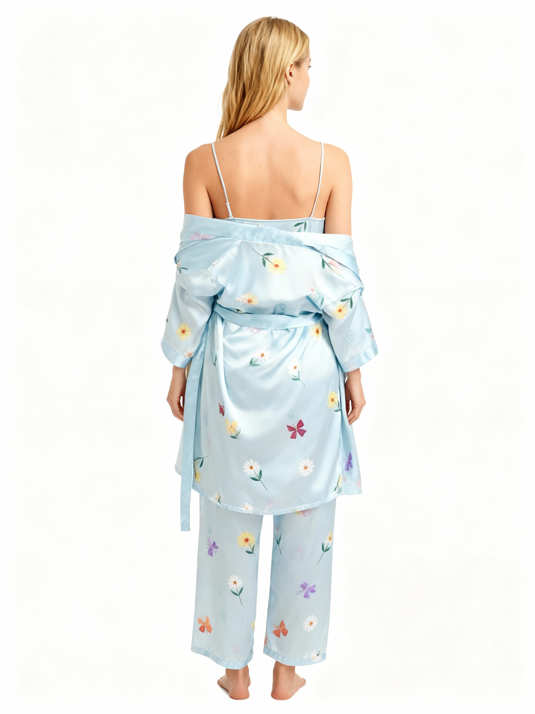 Silky Satin 3-Piece Pale Blue Nightwear Set with Daisy Florals Design