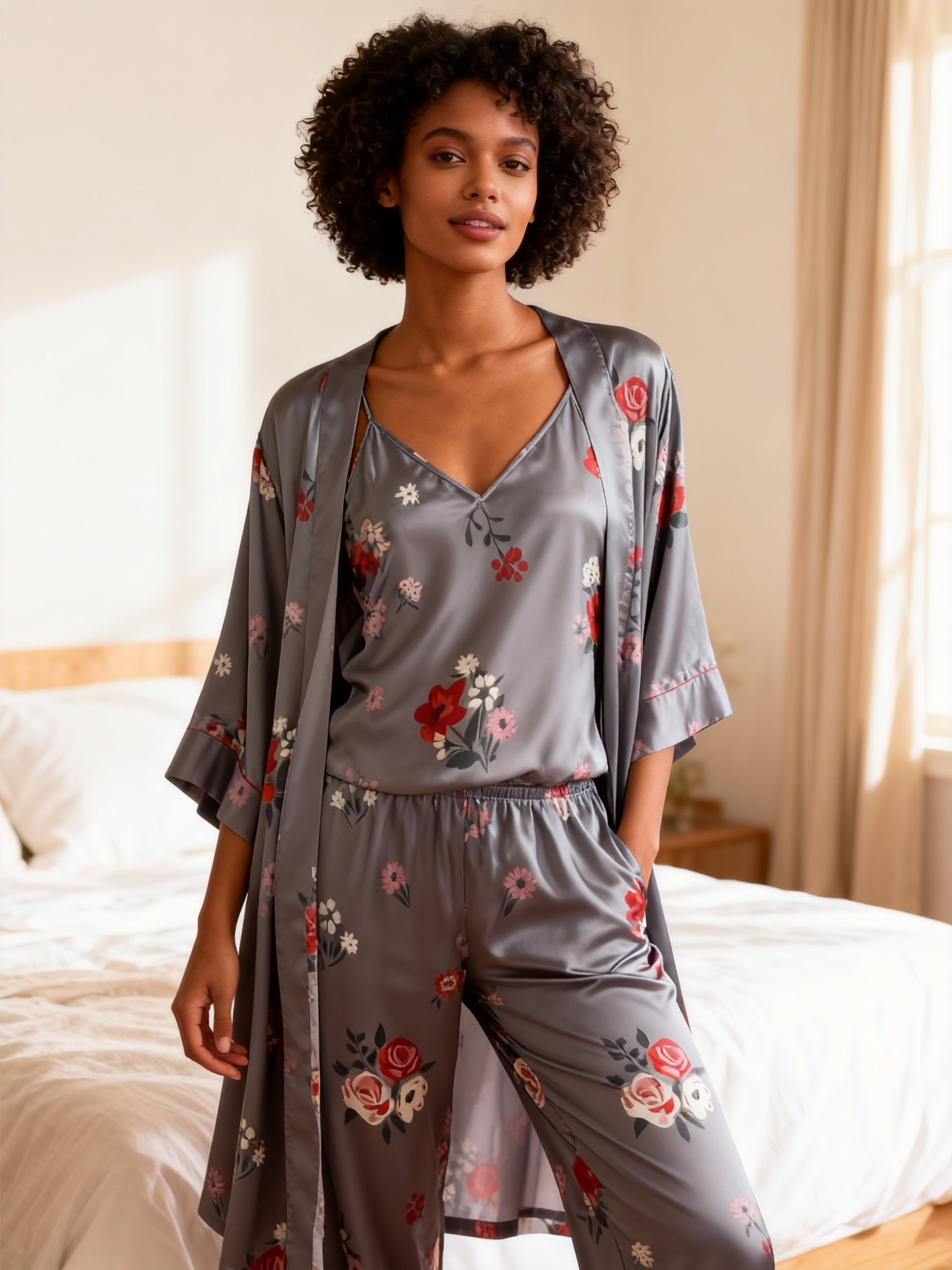 Chic 3-Piece Satin Nightwear Set Featuring Dreamy Floral Motifs