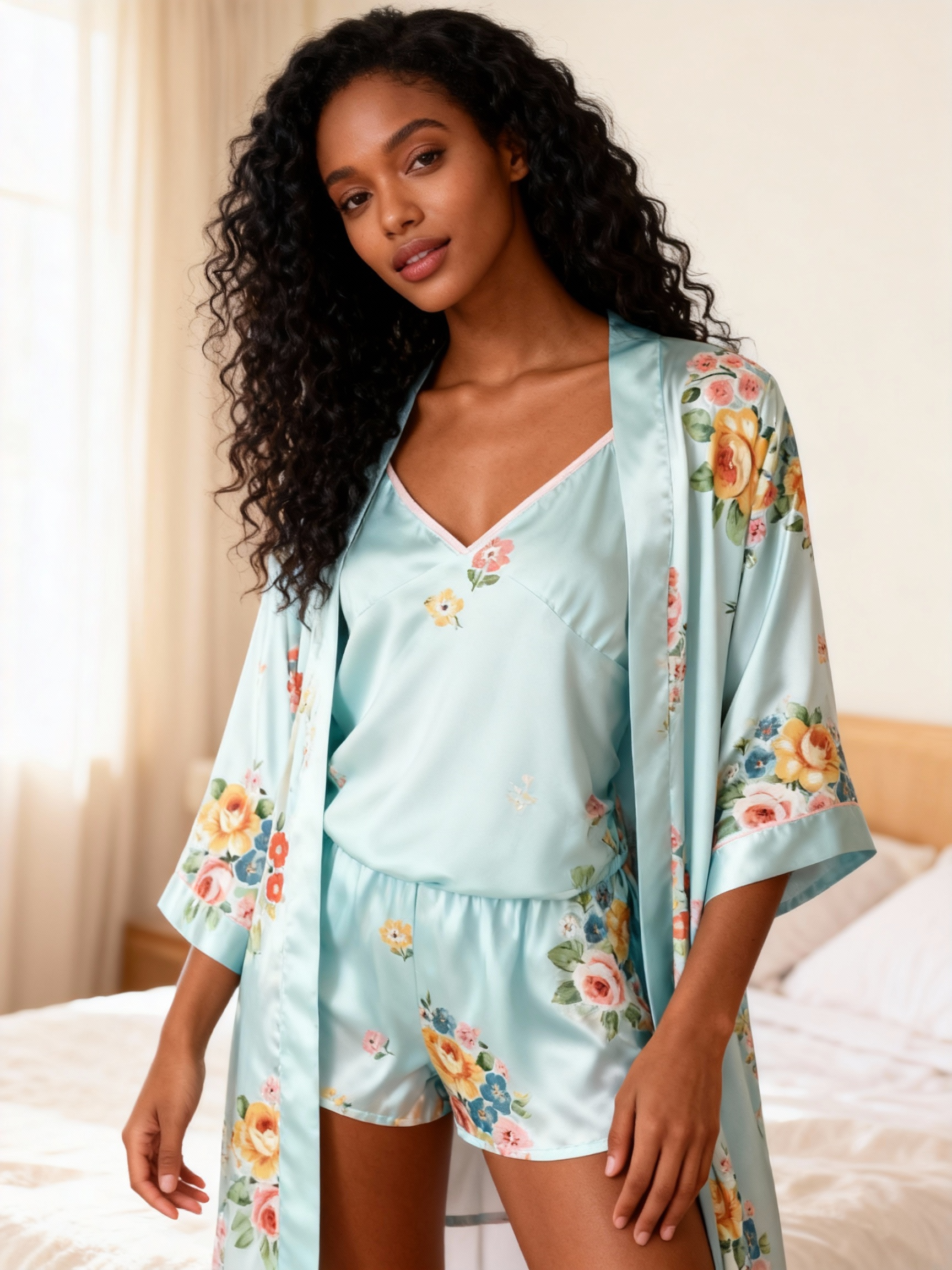 Elegant Satin Loungewear Trio with Vintage Luxe Floral Print