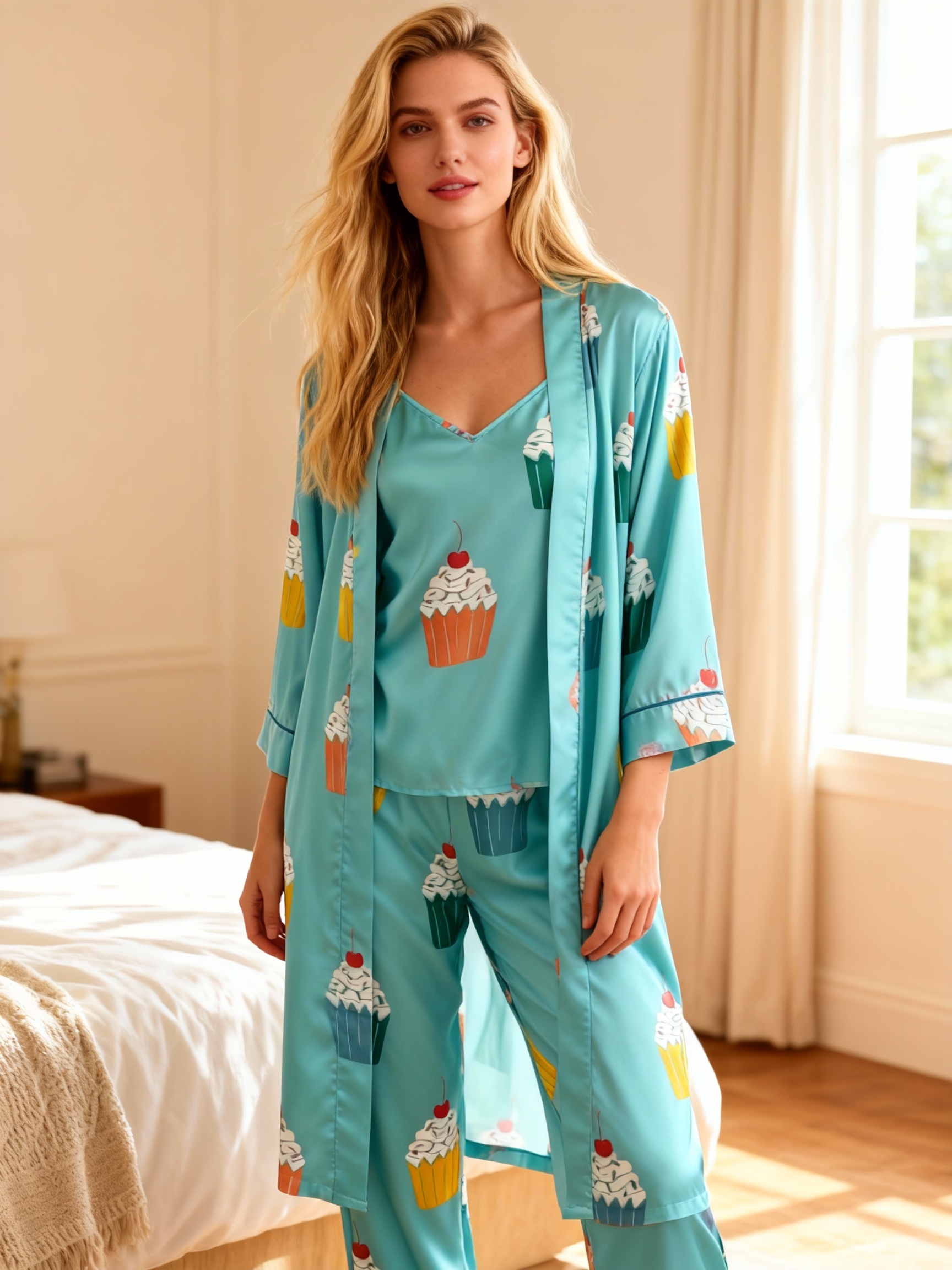 Women's 3-Piece Satin Cupcake Print Sleepwear
