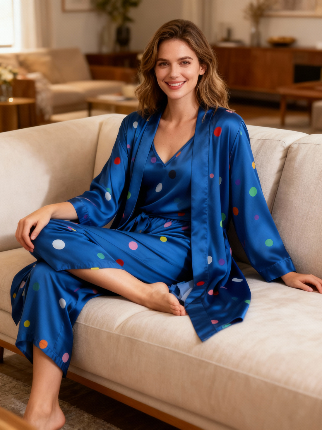 Women's Blue Silky Satin Homewear Set with Classic Polka Dot Motifs