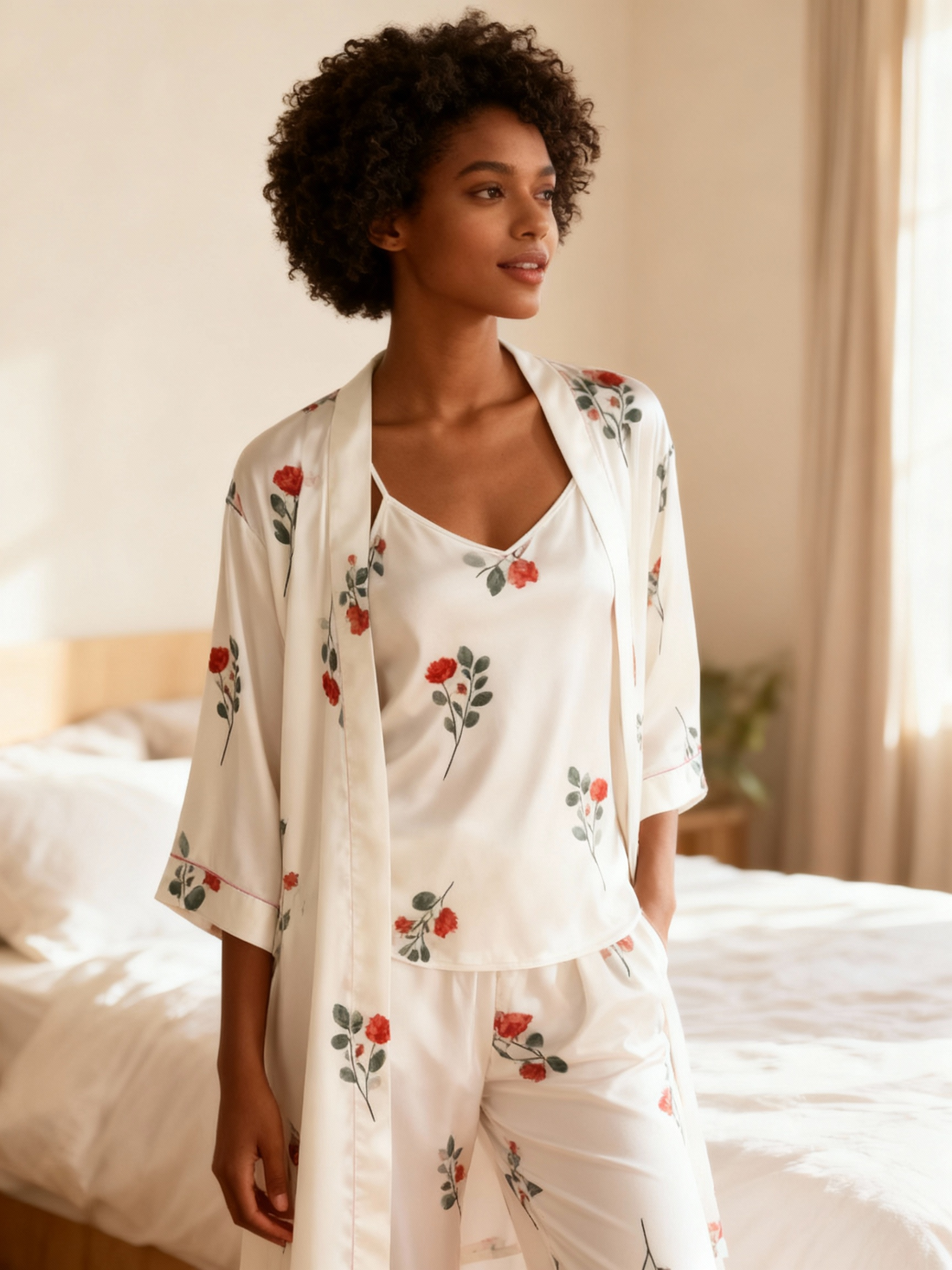 3-Piece Satin Nightwear Set with Simple Floral Design
