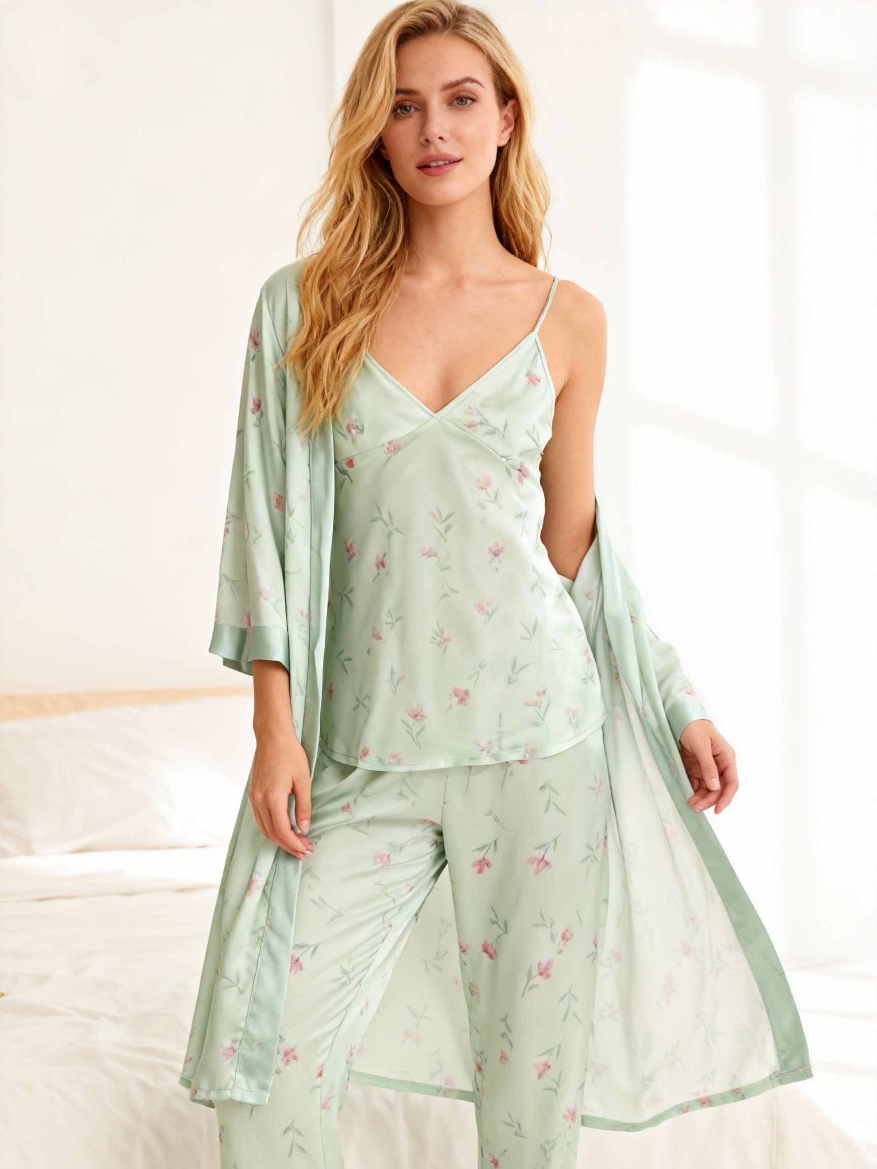 Silky Satin 3-Piece Pale Green Nightwear Set with Soft Florals Design