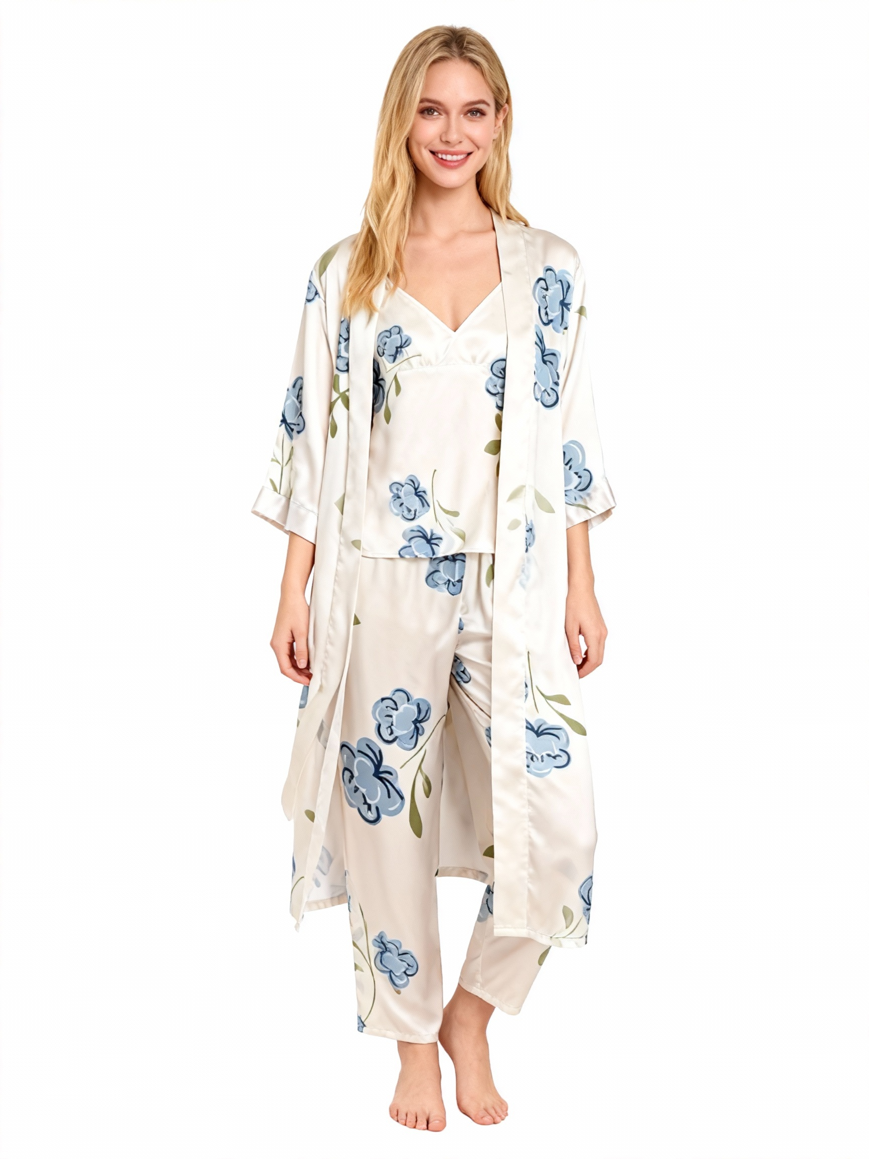 Women's Silky Satin Homewear Set with Elegant Blue Floral Illustration