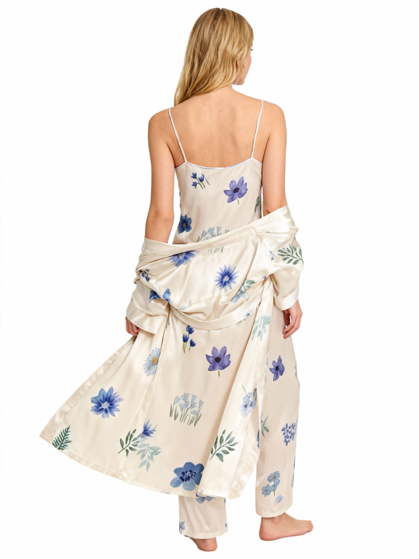 Silky Satin 3-Piece Nightwear Set with Blue Florals Design