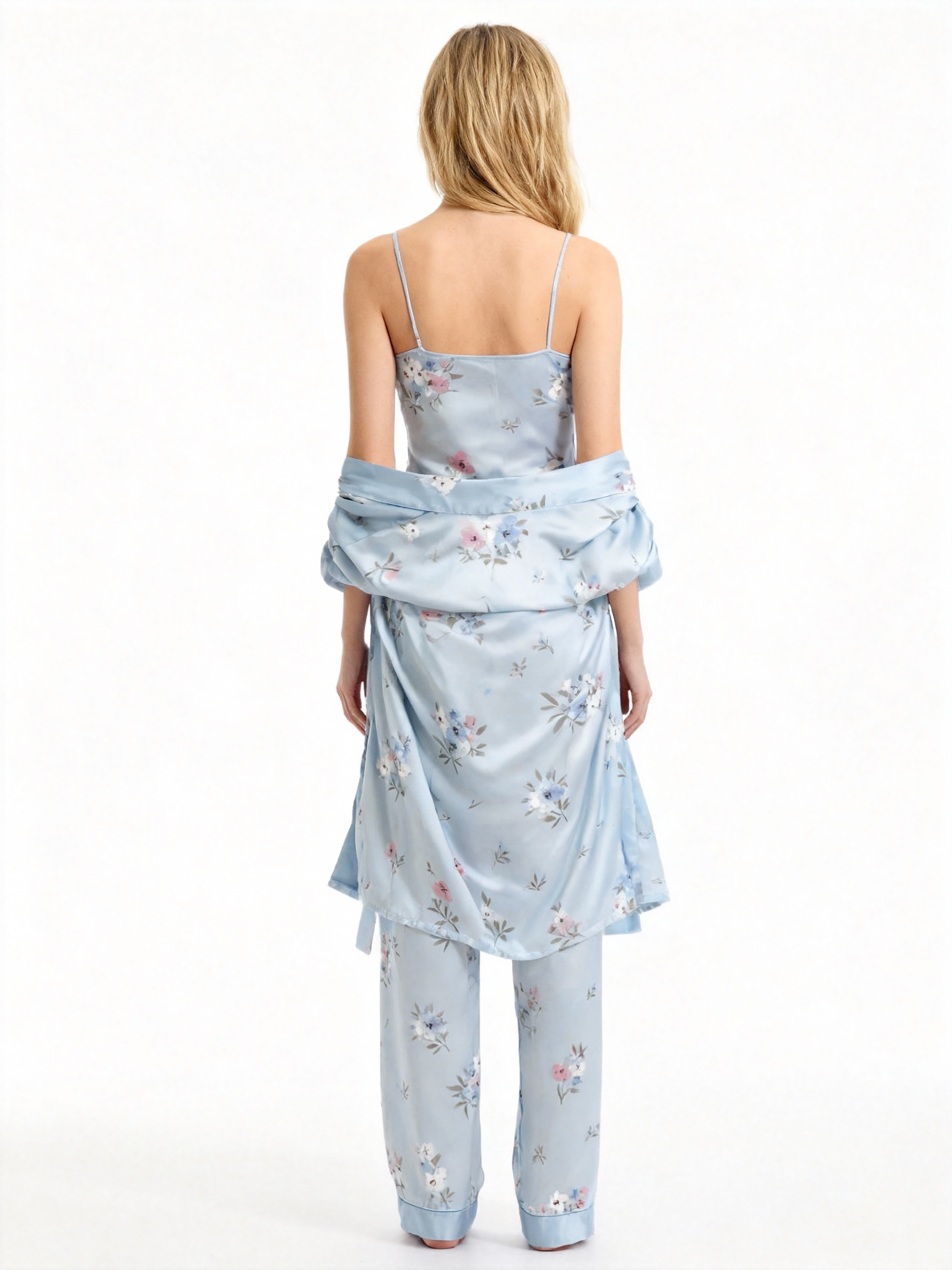 Women's Pale Blue Silky Satin Homewear Set with Floral Illustration