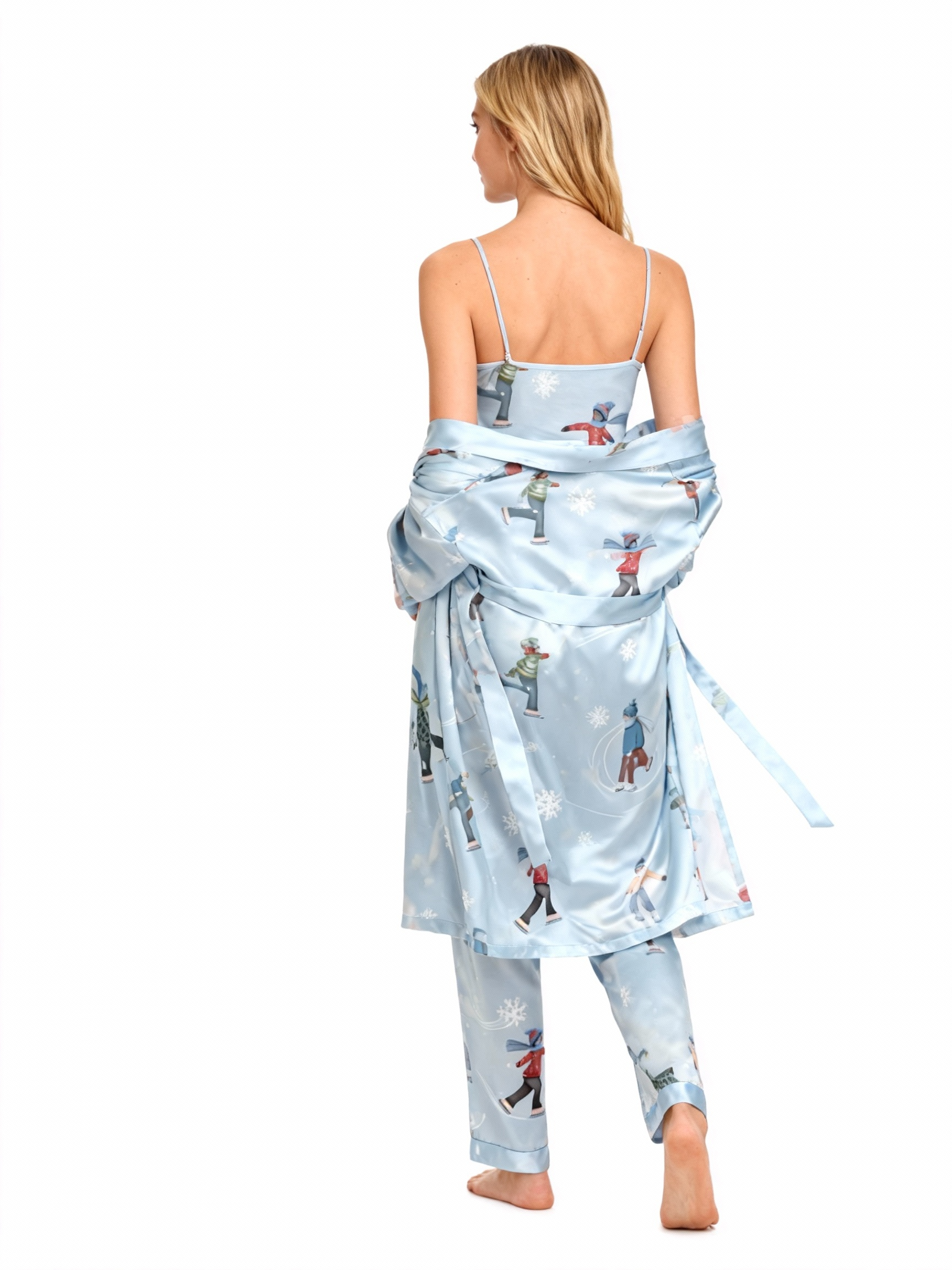 Women's Light Blue Silky Satin Homewear Set with Skiing Characters Illustration