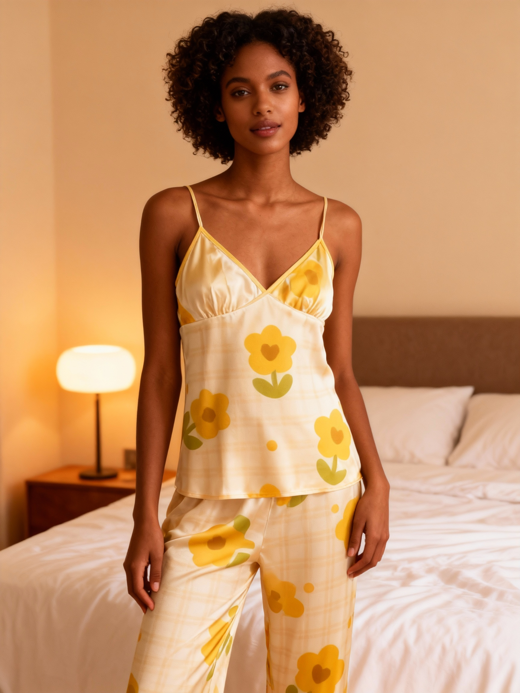 Feminine Satin Pajama Trio with Bright Floral Design