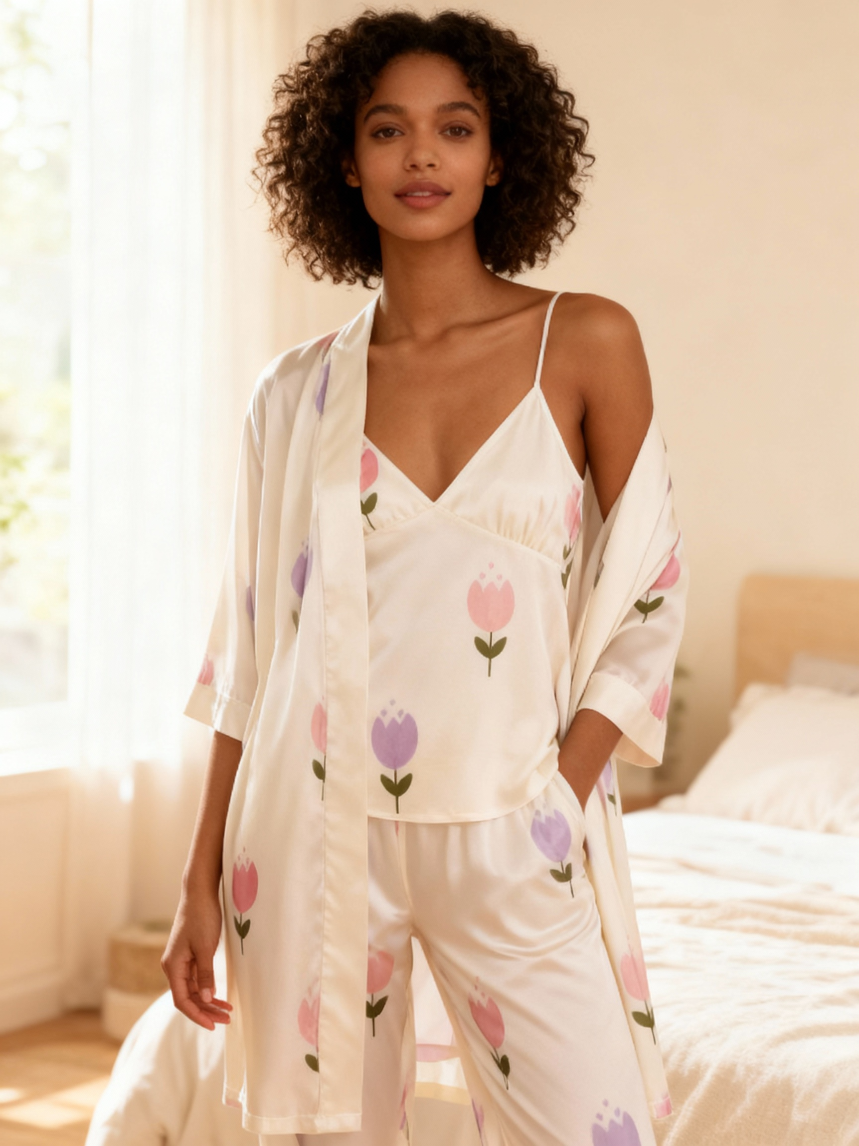 Feminine Satin Pajama Trio with Cute Floral Details