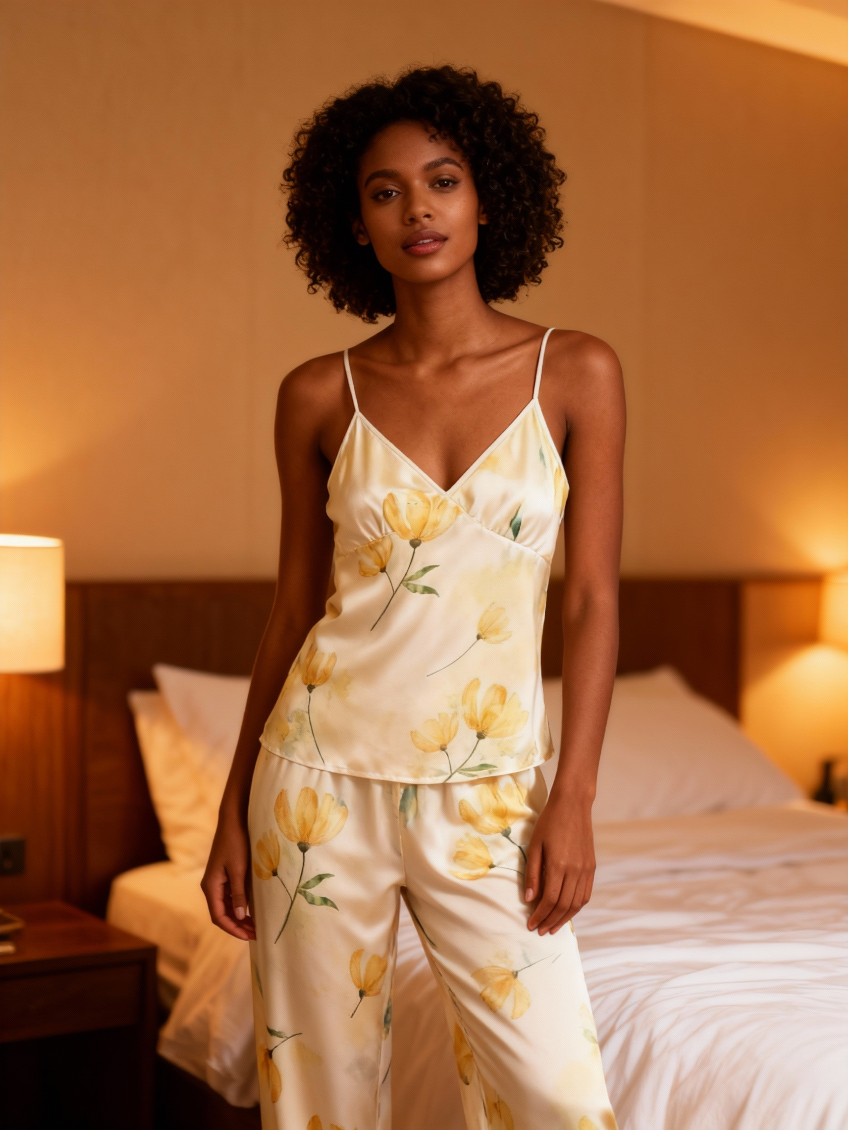 Feminine Satin Pajama Trio with Yellow Floral Details