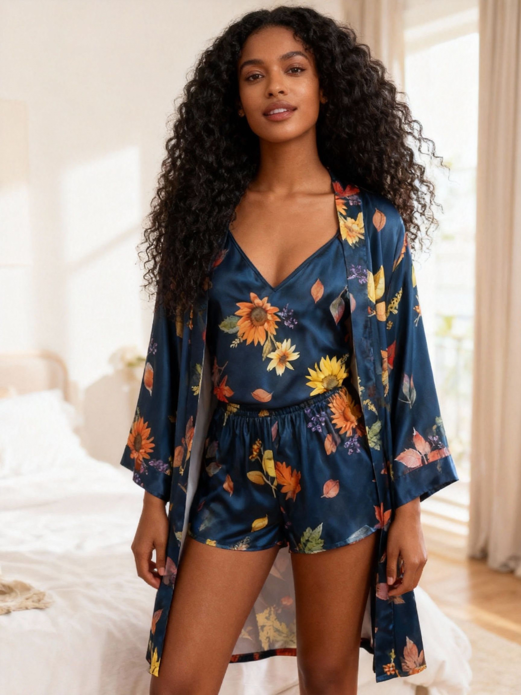 Elegant Satin Navy Loungewear Trio with Florals Motif