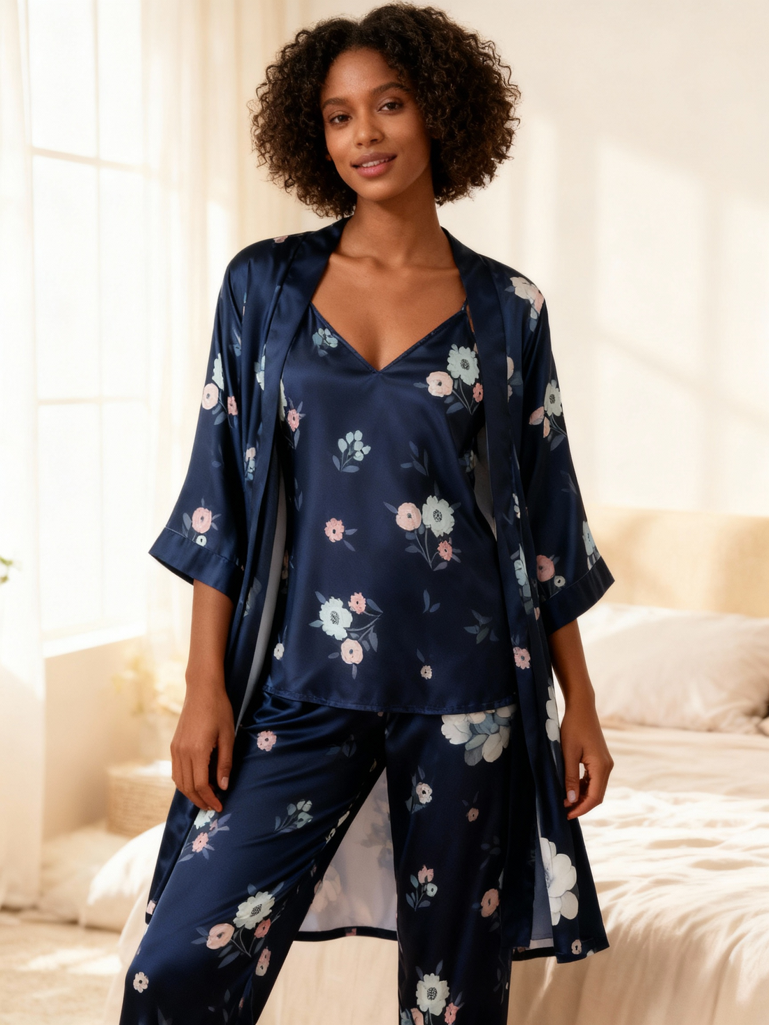 Chic 3-Piece Satin Nightwear Set Featuring Elegant Floral Motifs