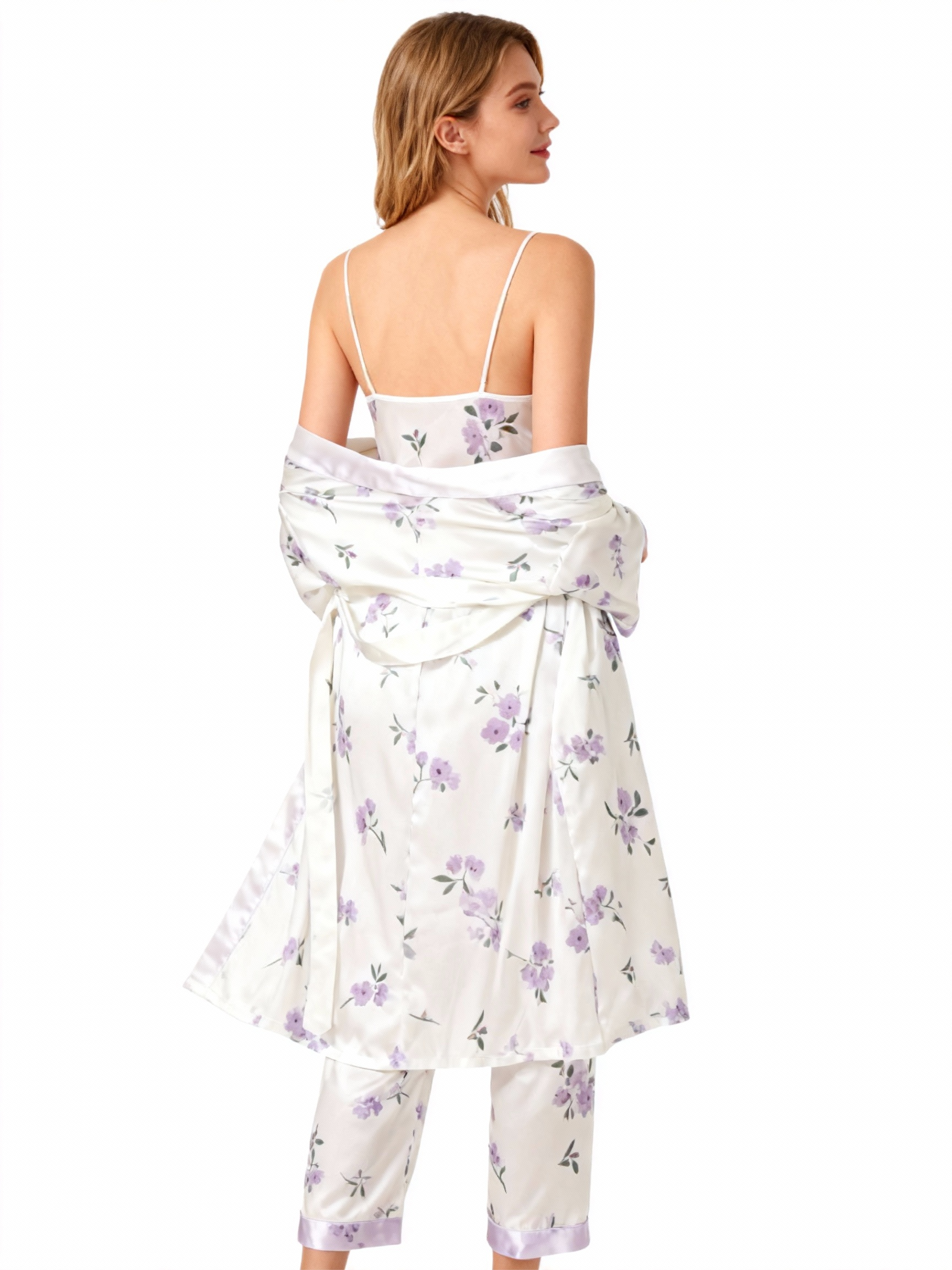 Silky Satin 3-Piece Nightwear Set with Pale Purple Florals Design
