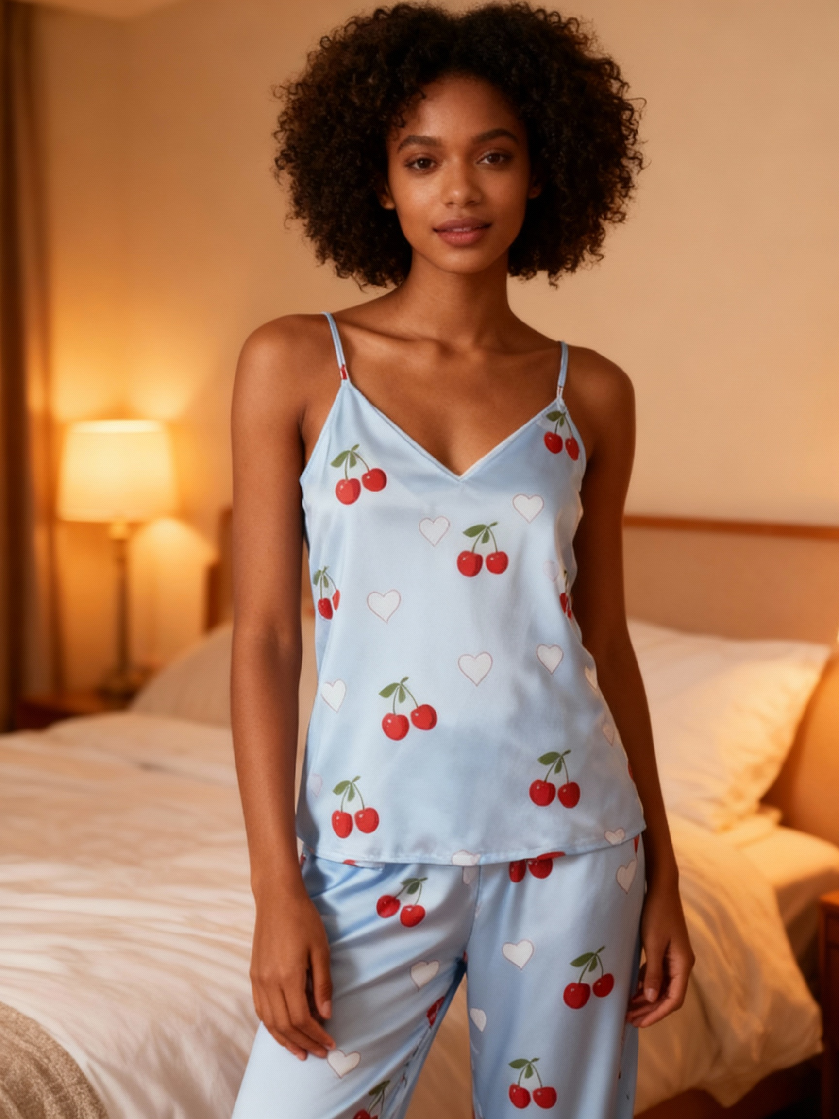 Women's Classic Blue Satin Pajama Set with Cherry Motifs