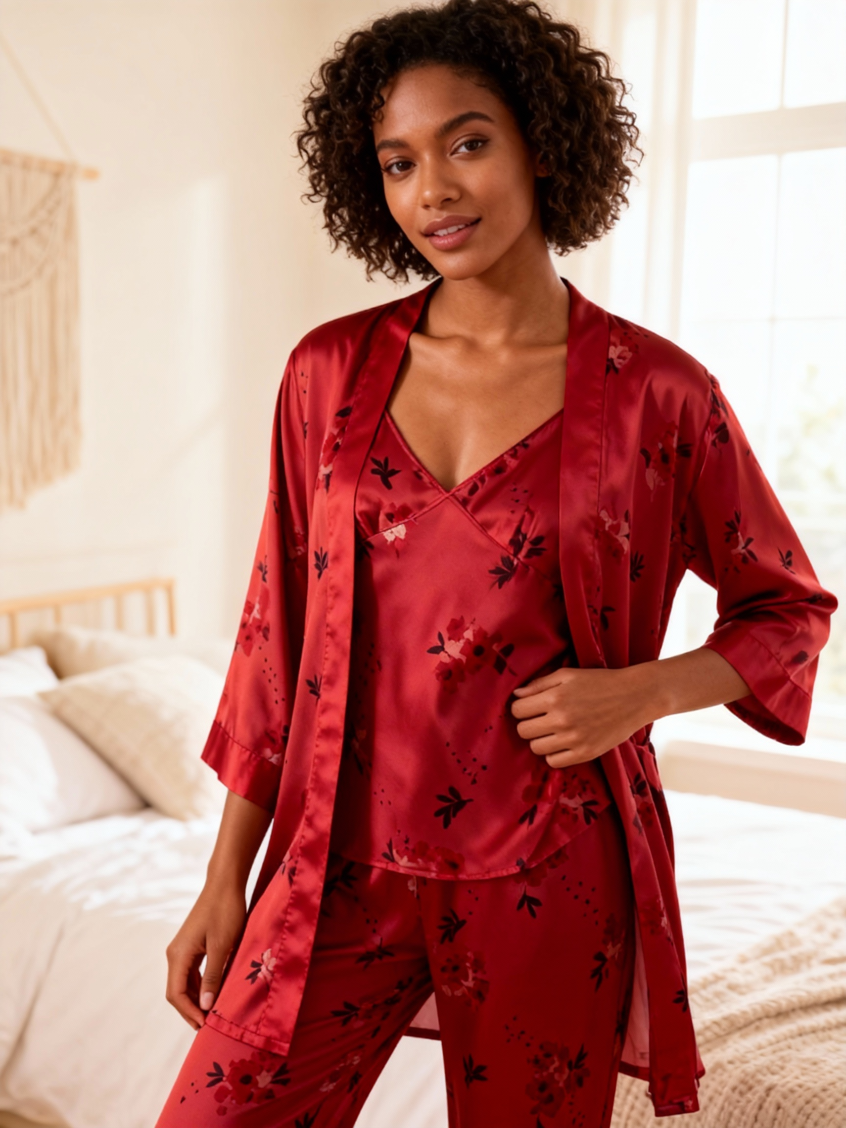 Feminine Elegant Red Satin Pajama Trio
