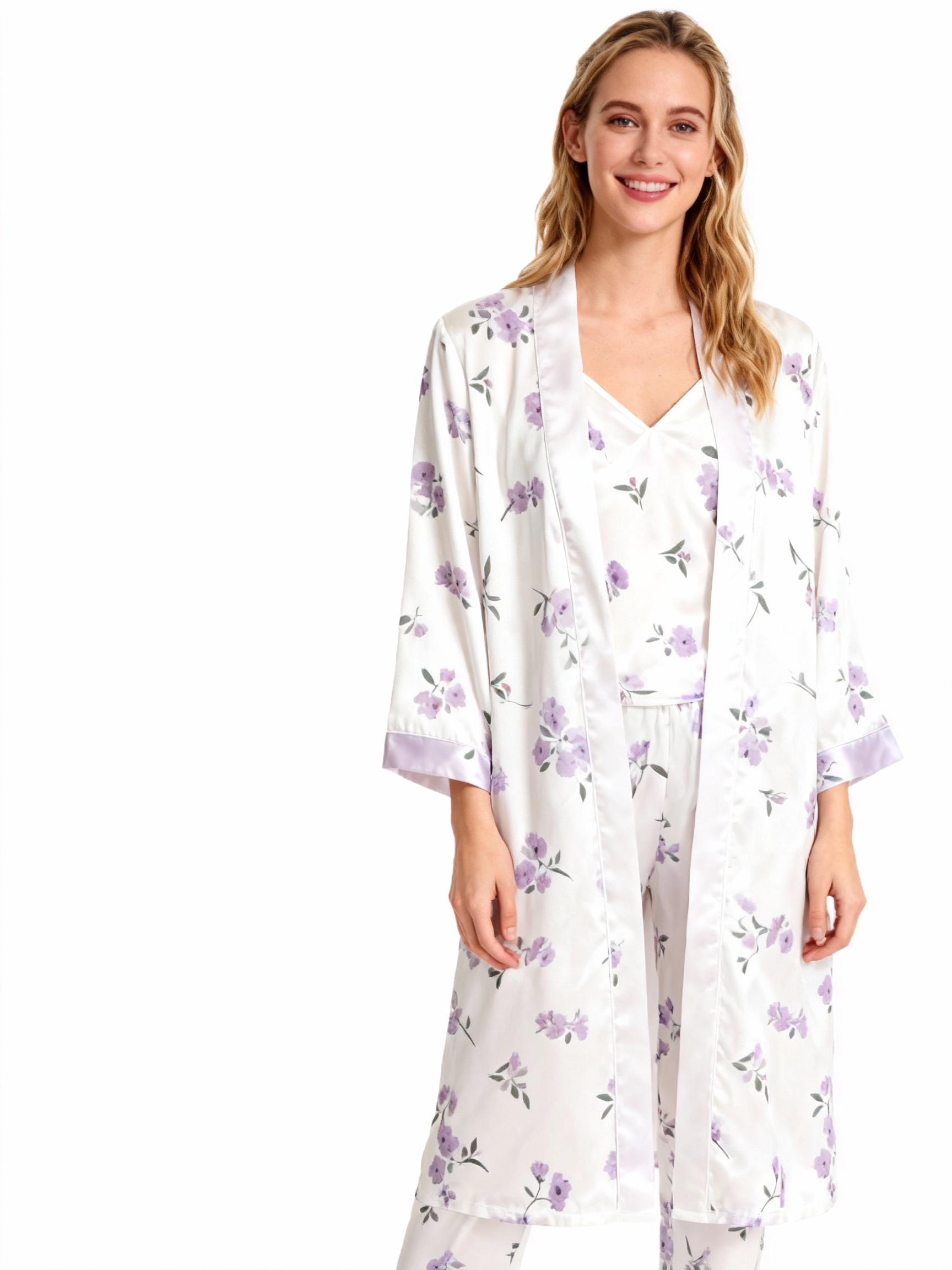 Silky Satin 3-Piece Nightwear Set with Pale Purple Florals Design