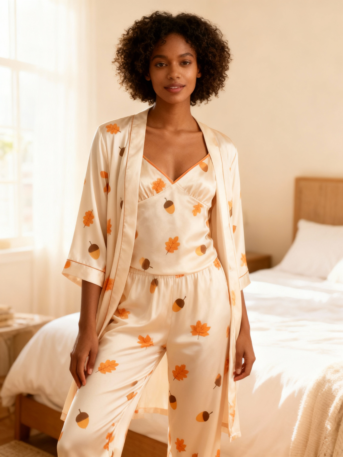 Feminine Satin Pajama Trio with Seasonal Leaf-and-Fruit Design
