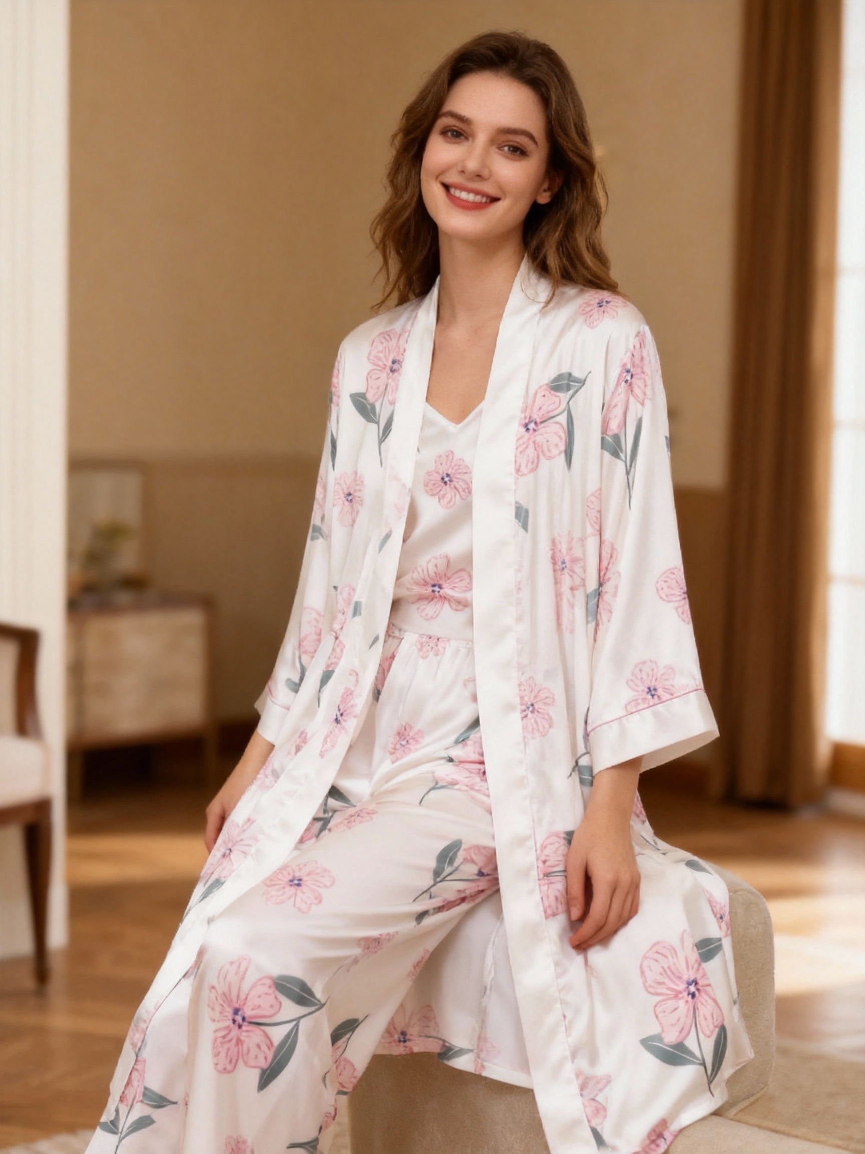 Women's Satin 3-Piece Loungewear Set in Elegant Pink Florals Style