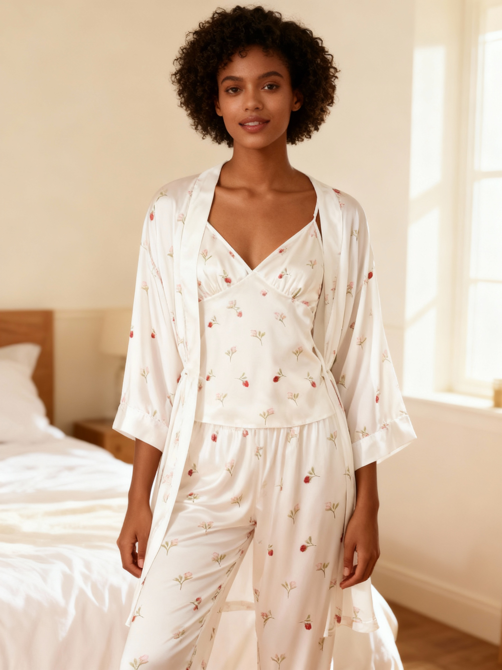 Chic 3-Piece Satin Nightwear Set Featuring Soft Floral Motifs
