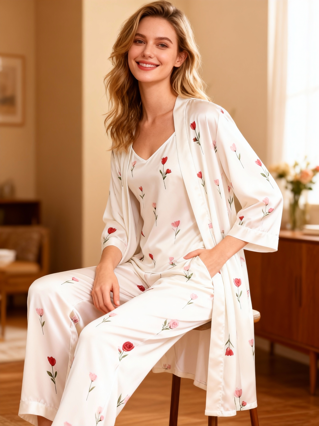 Women's Satin 3-Piece Loungewear Set in Simple Floral Style
