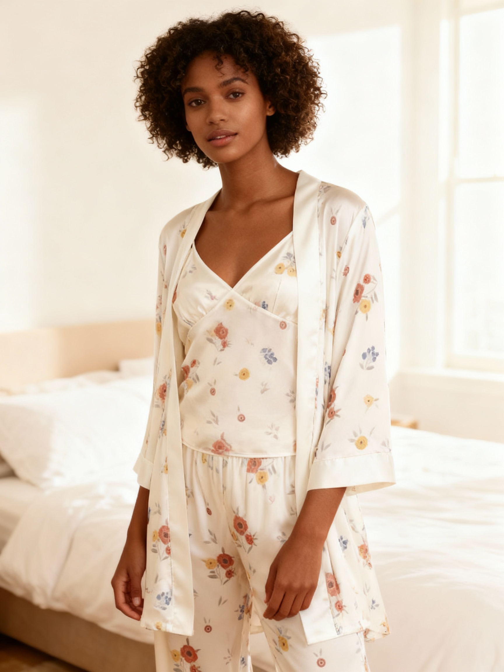 Chic 3-Piece Satin Nightwear Set Featuring Cute Floral Motifs