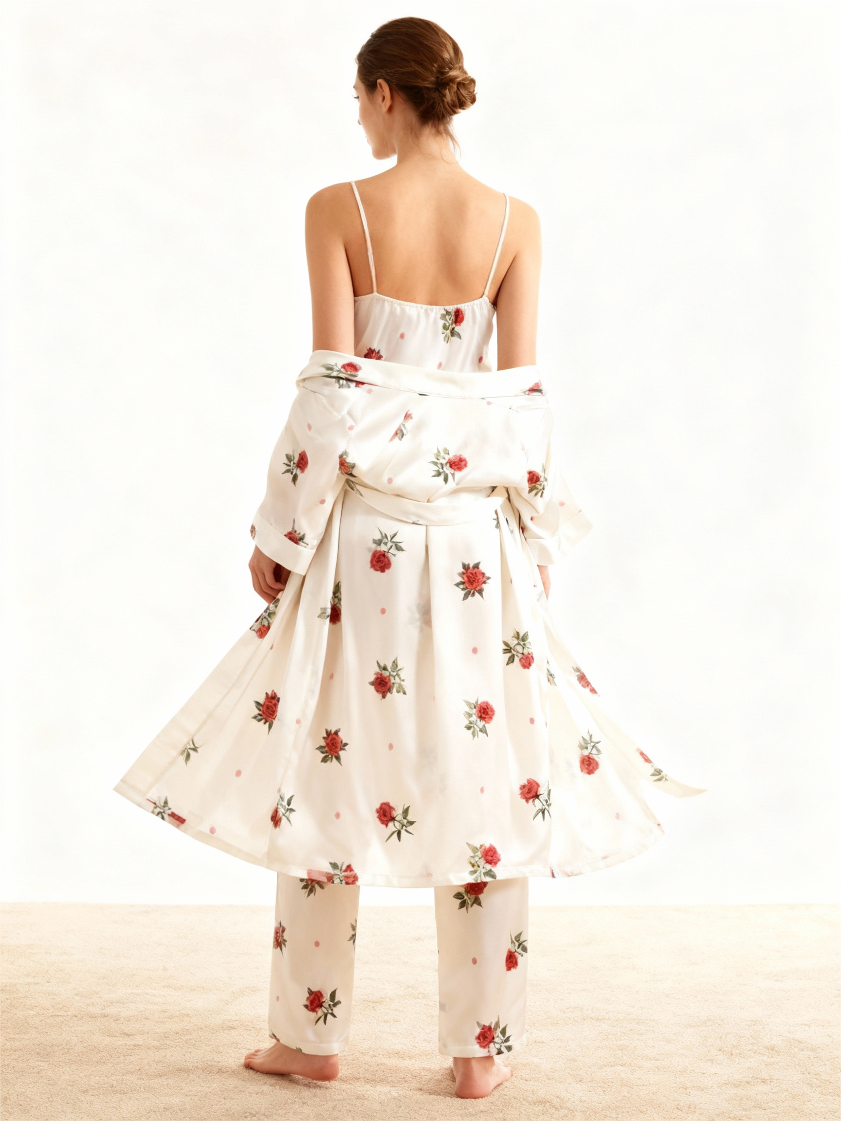 Silky Satin 3-Piece Nightwear Set with Romantic Rose Design