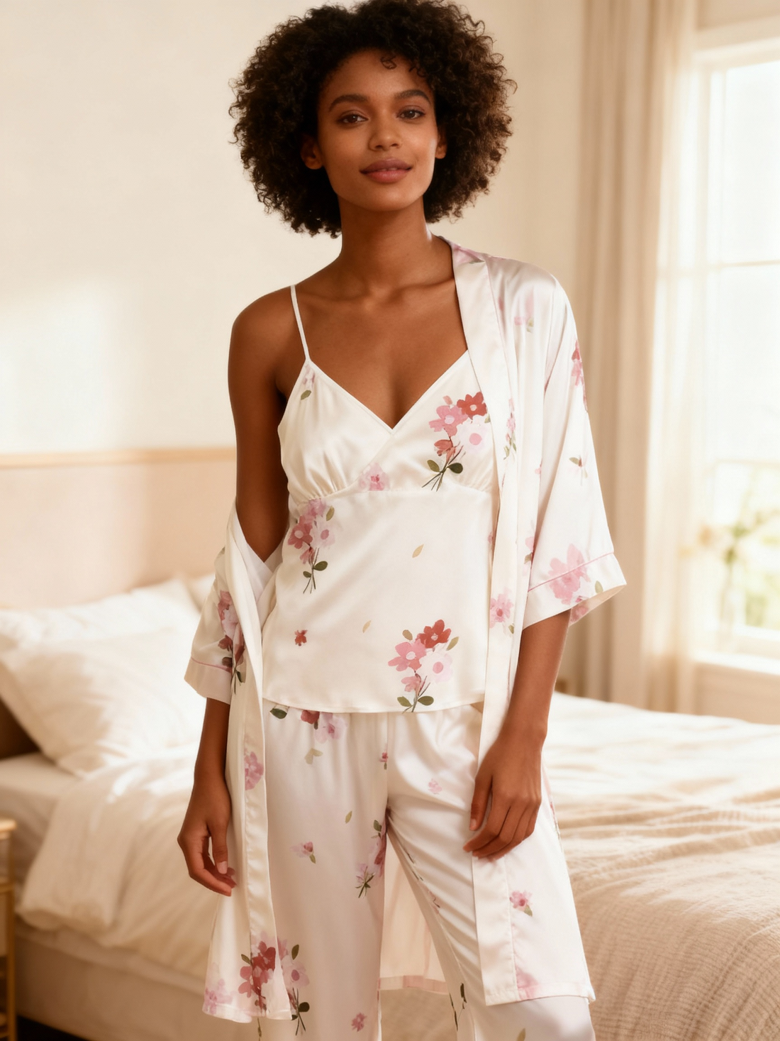 Chic 3-Piece Satin Nightwear Set Featuring Romantic Pink Floral Motifs