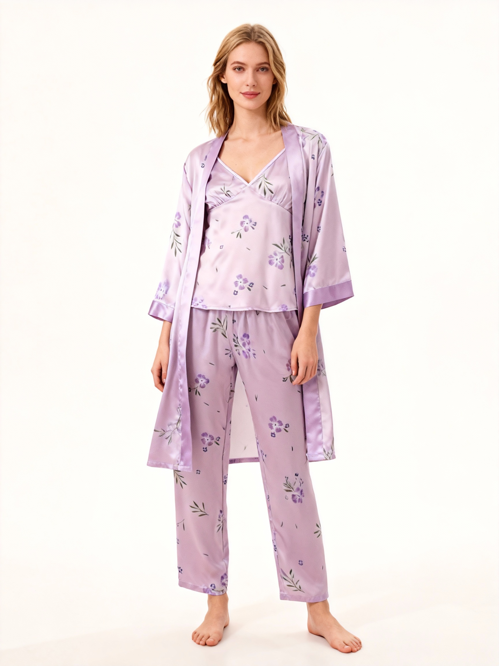 Silky Satin 3-Piece Nightwear Set in Elegant Purple Style