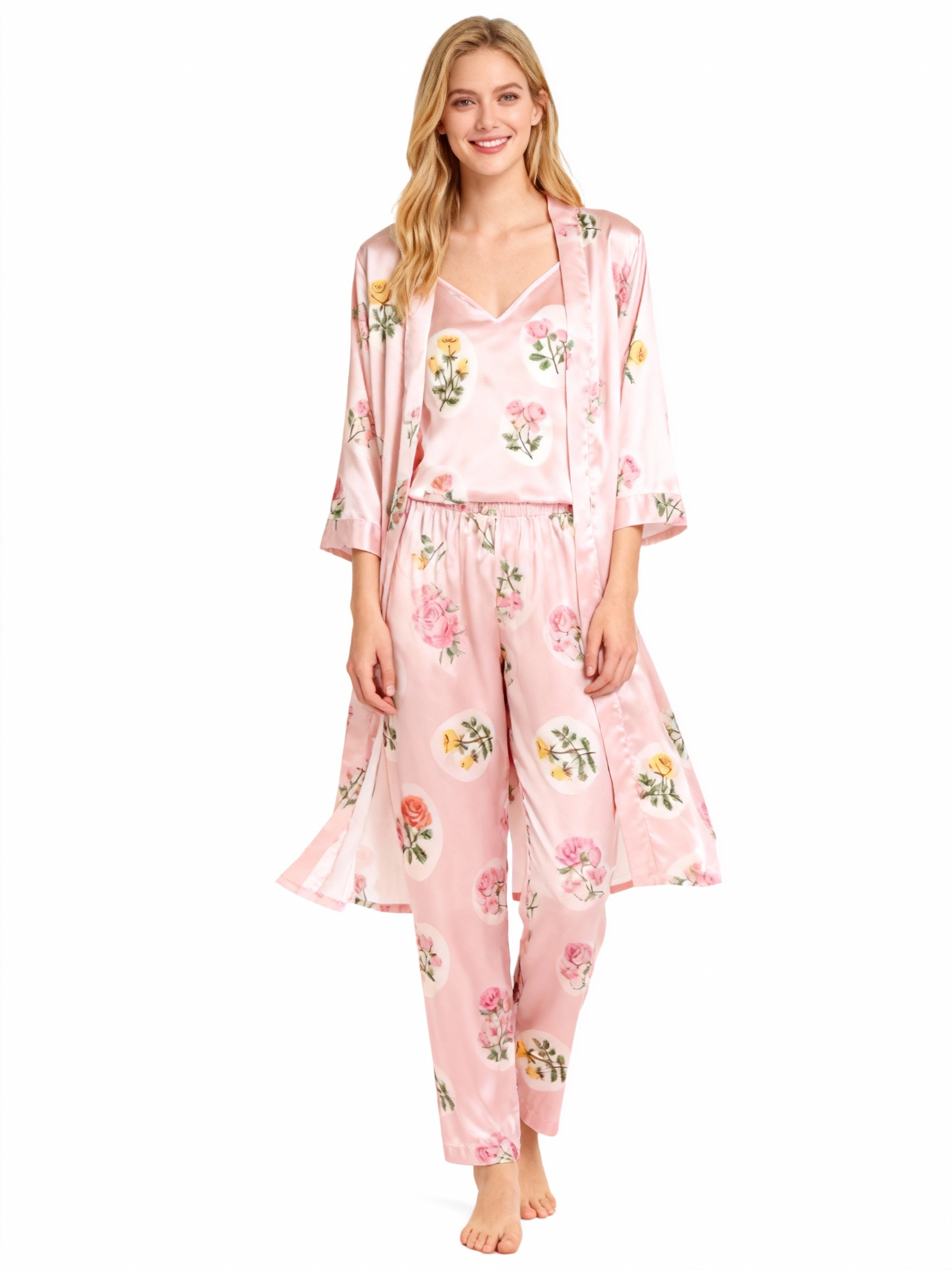 Women's Pink Silky Satin Homewear Set with Rose Illustration