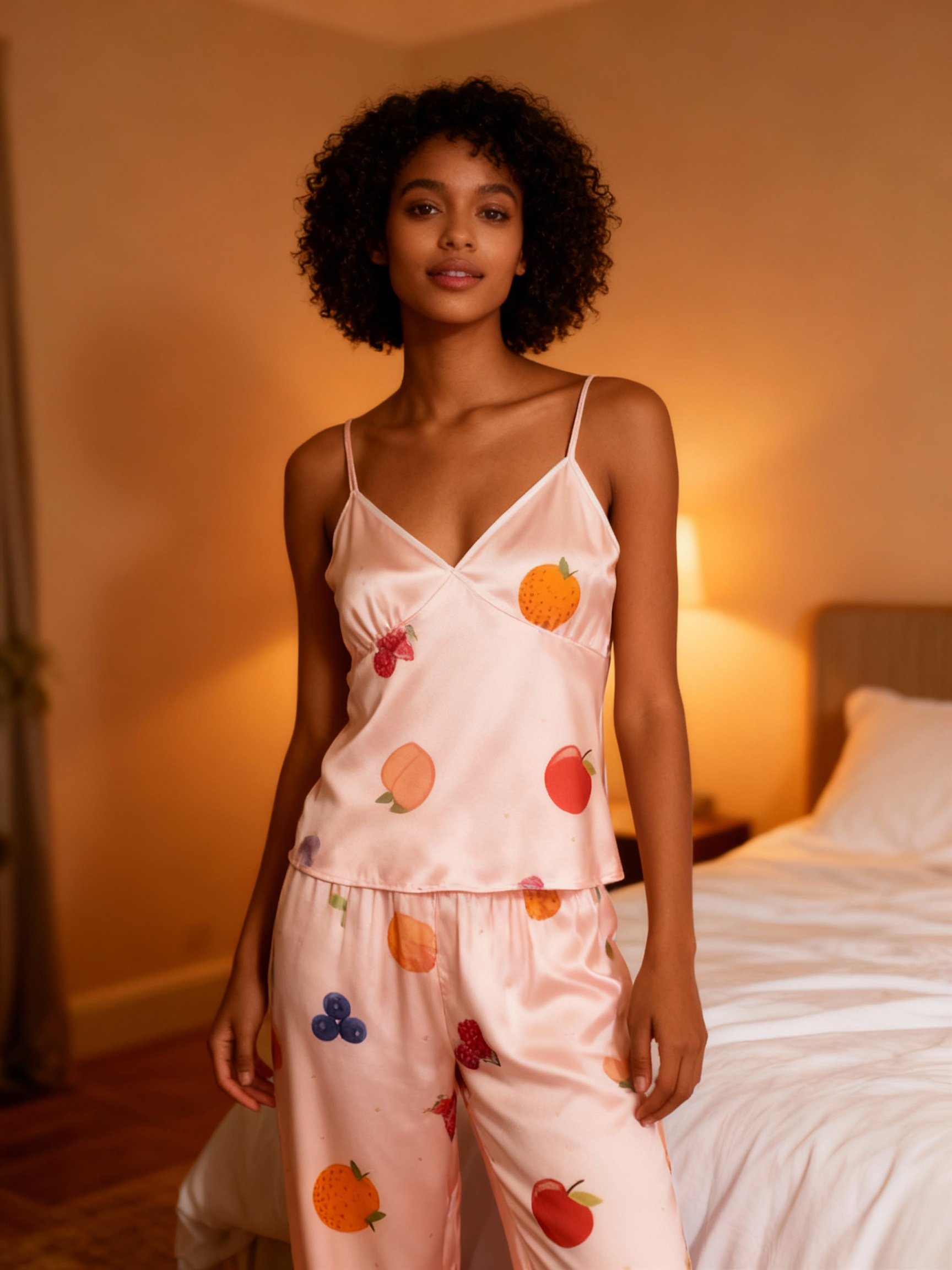 Feminine Satin Pajama Trio with Tropical Fruit  Design