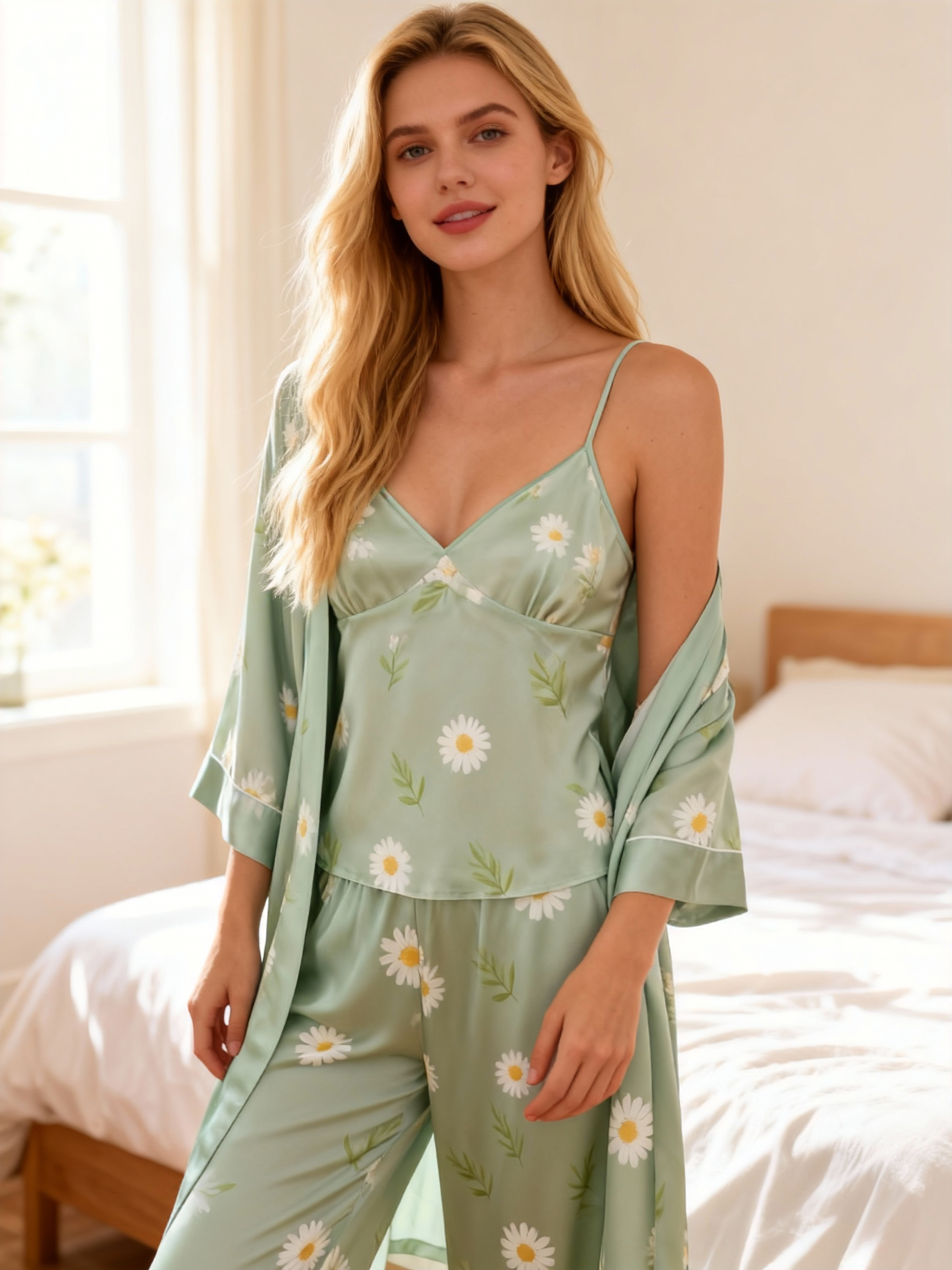 Premium Satin Nightwear Trio in Elegant Green & Cute Florals